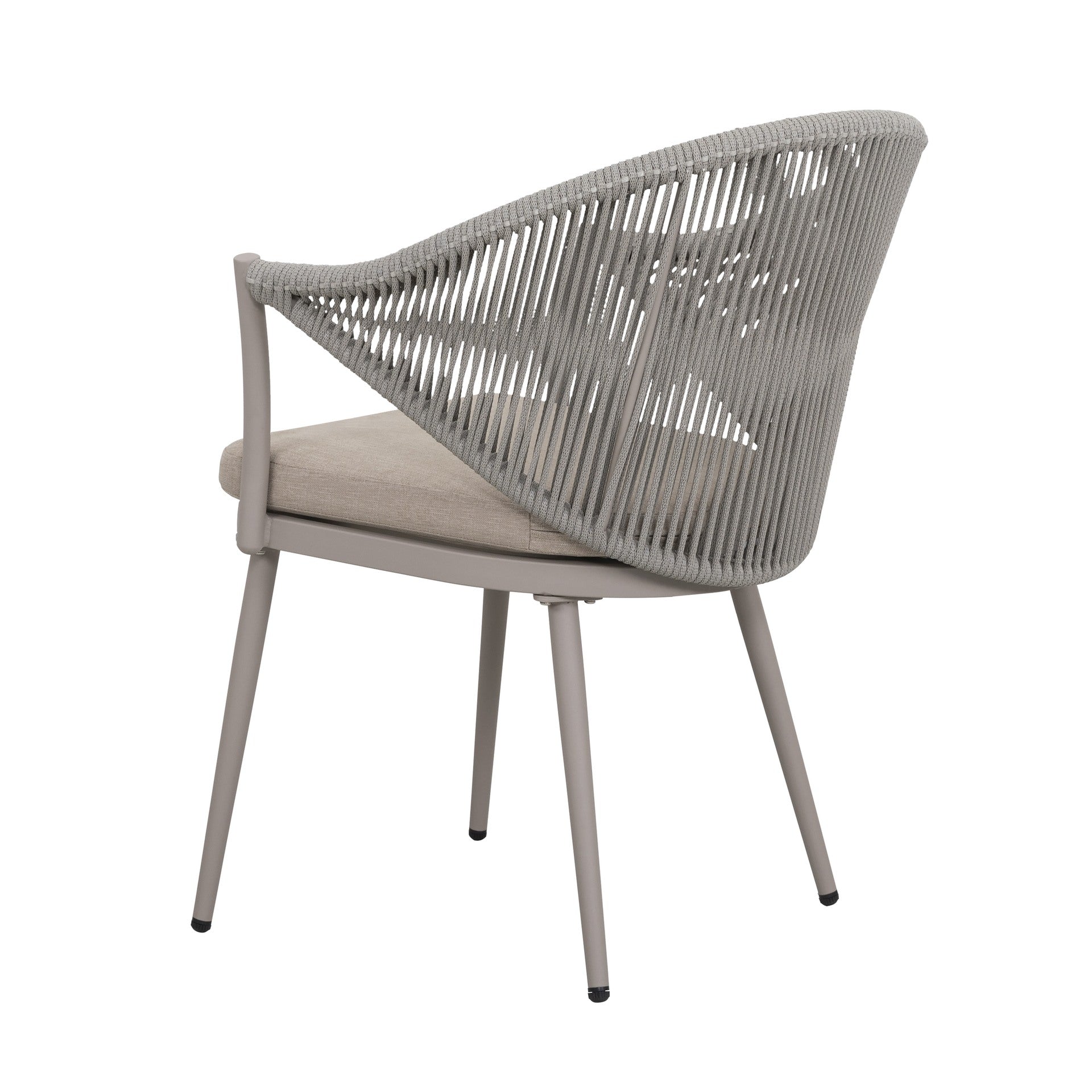 Tischgruppe Denise mit Esstisch 160x90 cm und 6 Armstühlen in grau-beige mit Textilschnüren und Sitzkissen – Outdoor Gartenmöbelshop.at