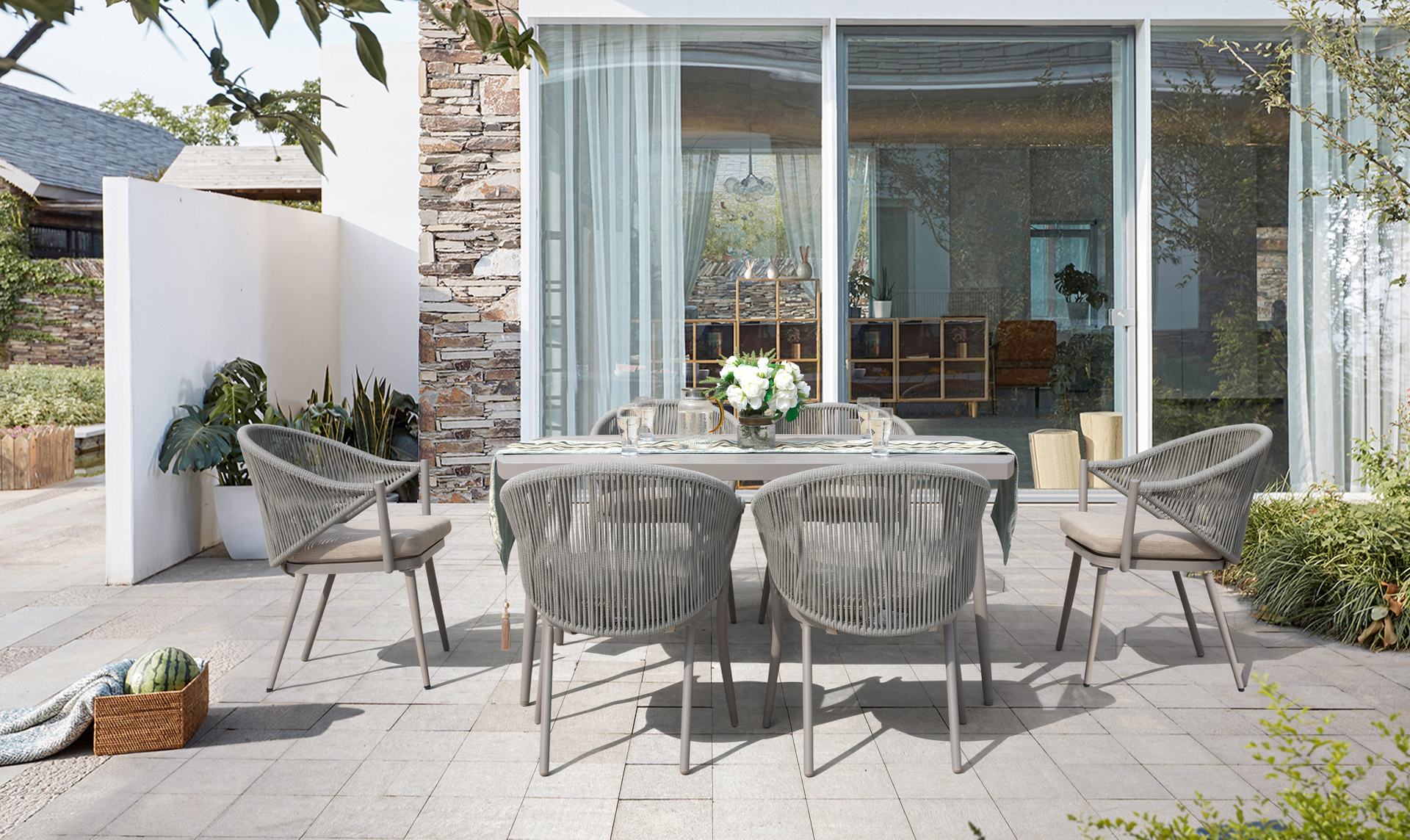 Tischgruppe Denise mit Esstisch 160x90 cm und 6 Armstühlen in grau-beige mit Textilschnüren und Sitzkissen – Outdoor Gartenmöbelshop.at