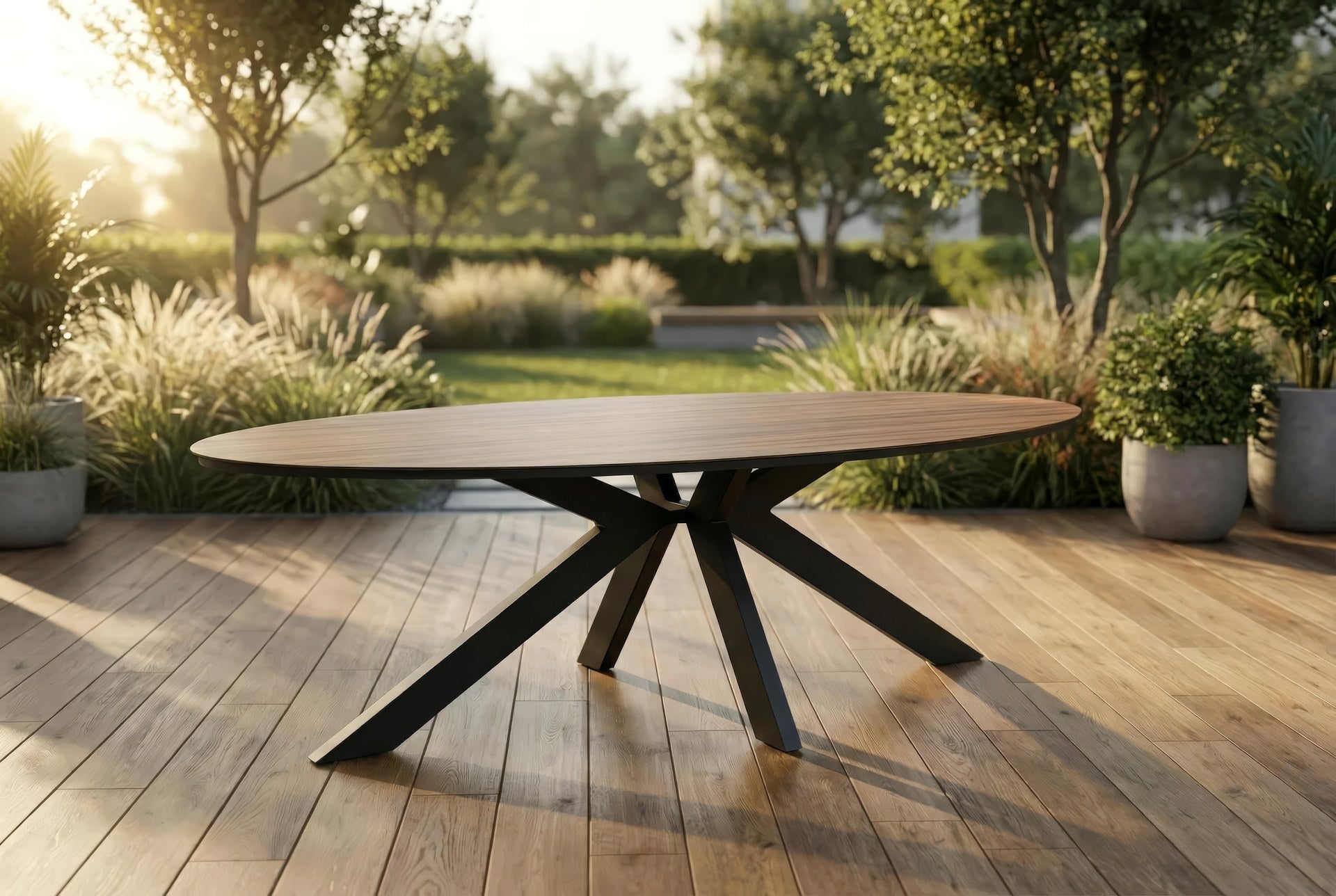 Devin-Oval Gartentisch 240x120 cm mit Aluminiumgestell anthrazit und HPL-Tischplatte im Walnussdekor