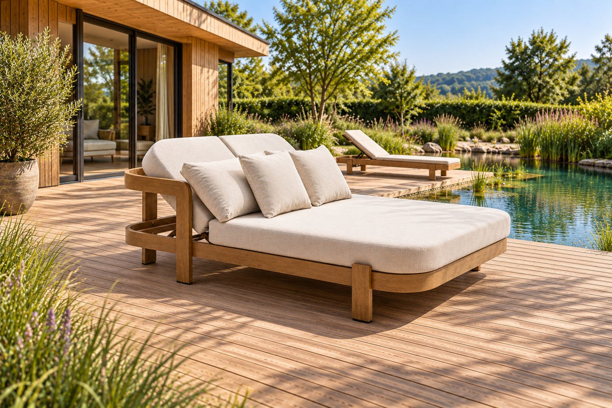 Dorian Daybed mit beigen Polstern auf einer sonnigen Terrasse
