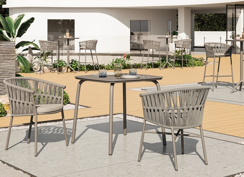 Fenja Gartenstuhl mit Aluminiumgestell in Taupe, Textilschnur-Rückenlehne in Beige-Meliert und cremefarbenem Sitzkissen für den Outdoor-Bereich