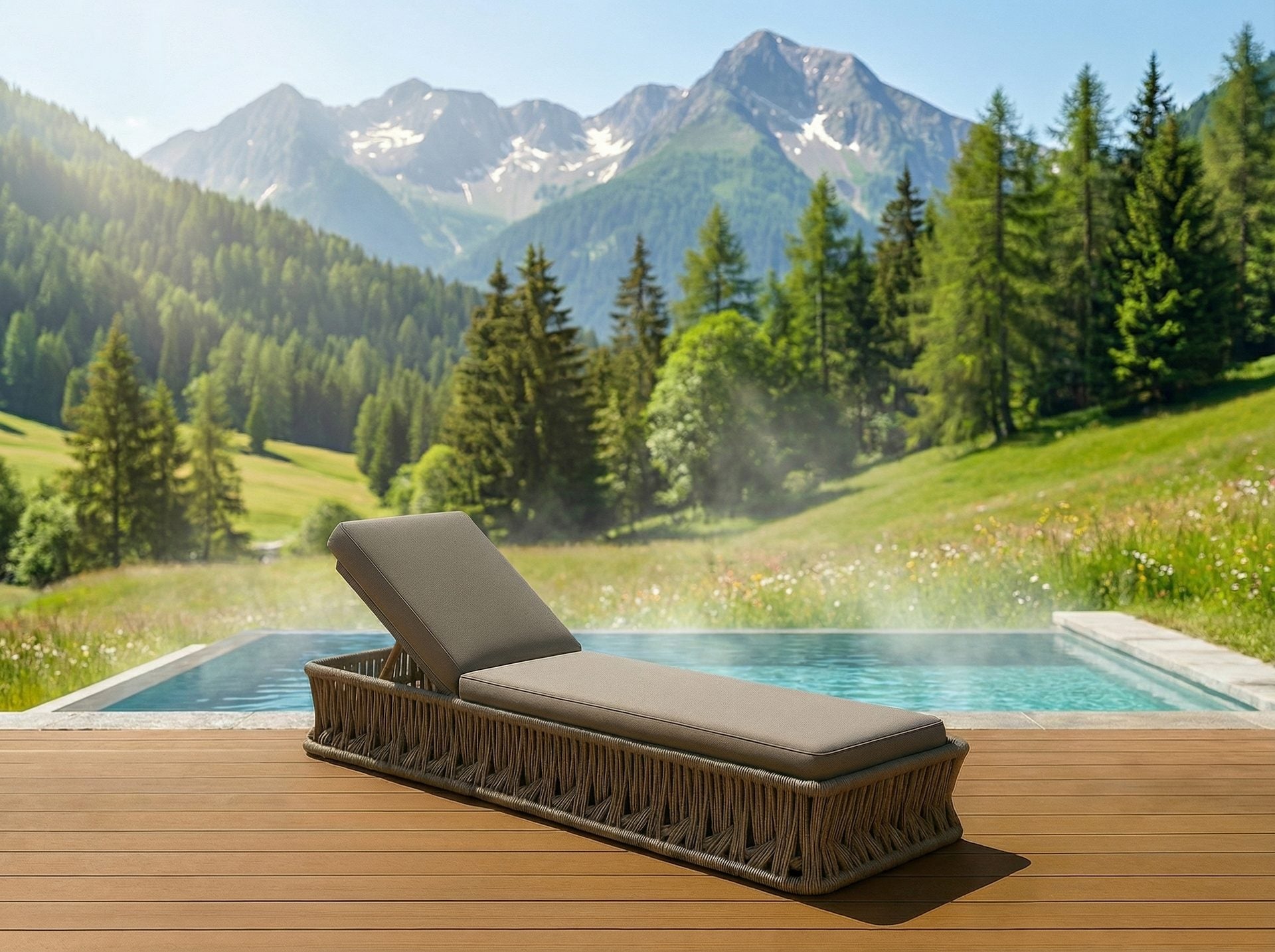 Sonnenliege Fenja – elegante Outdoor-Liege aus Aluminium mit Textilschnüren und verstellbarer Rückenlehne