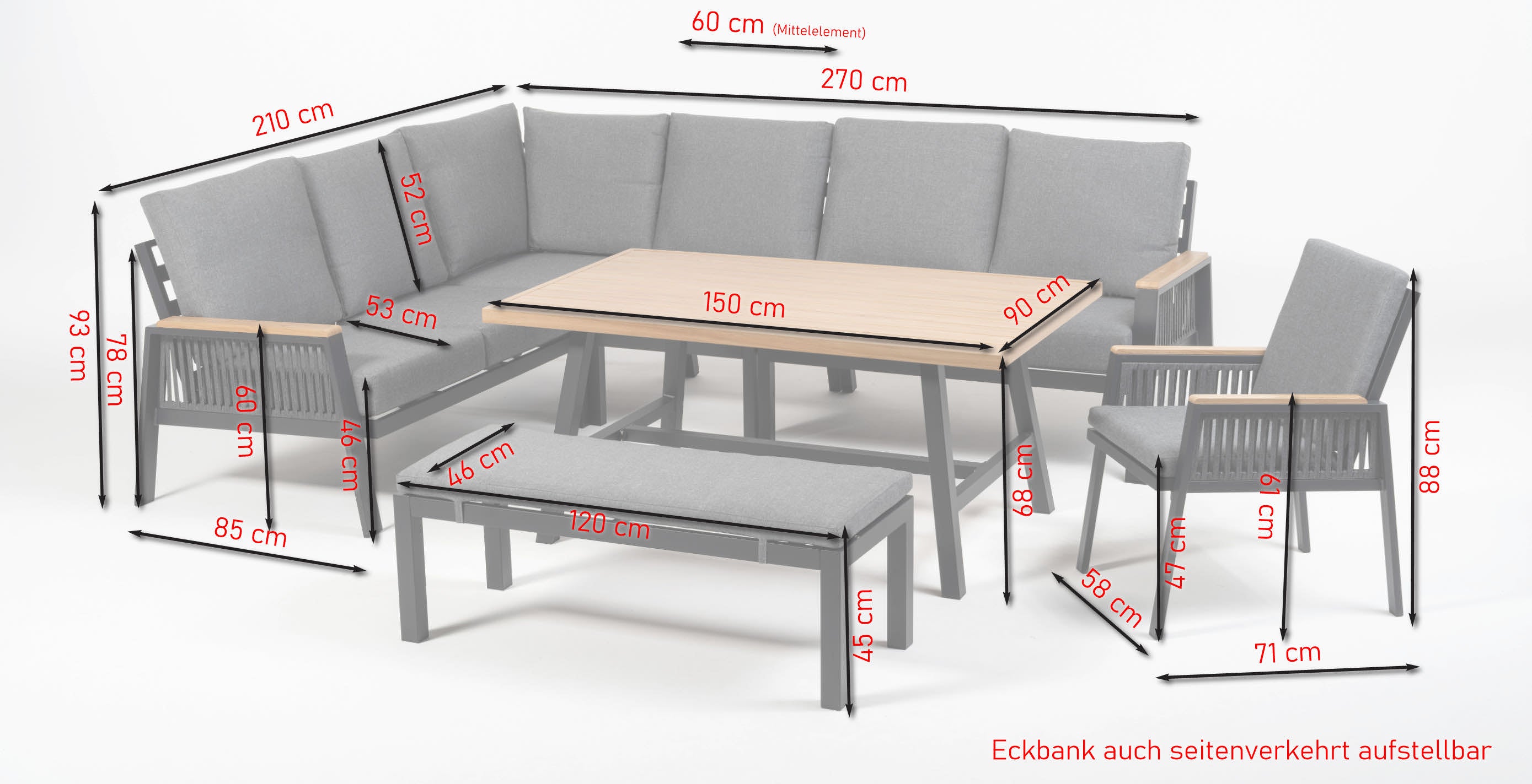 Eckbankgruppe Frederik Outdoor Sitzgruppe aus Aluminium mit Holzdekor Tisch und Textilbändern