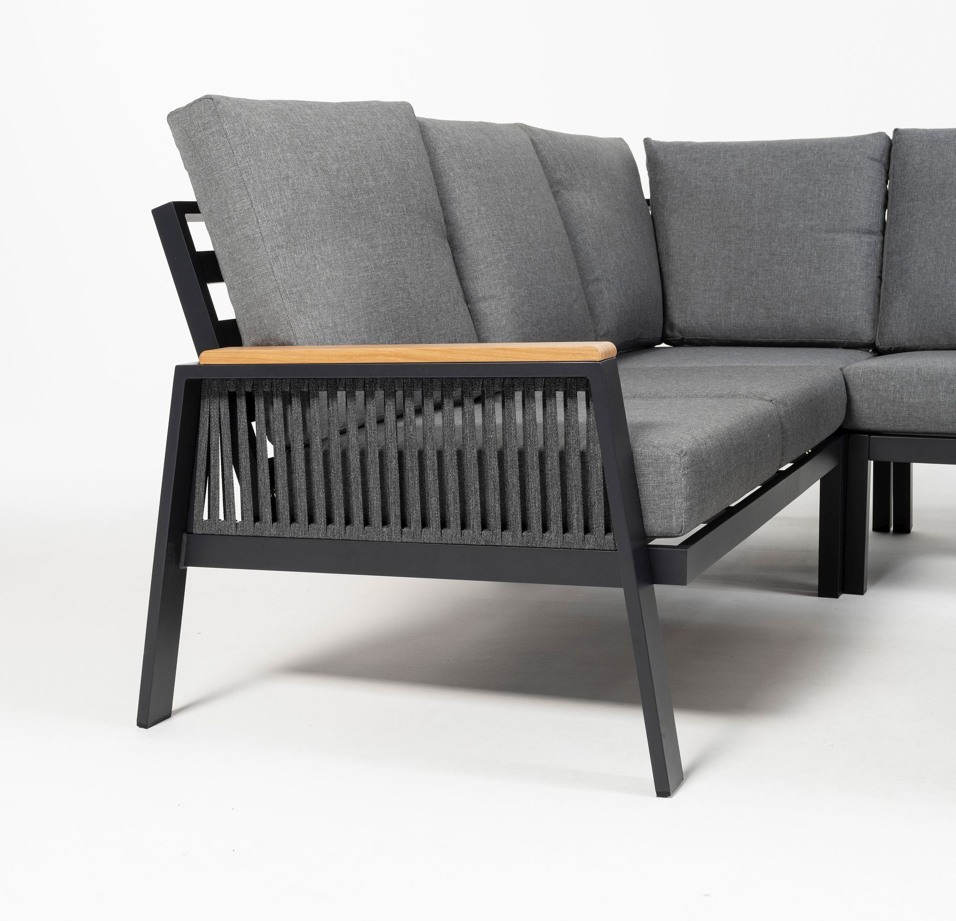 Eckbankgruppe Frederik Outdoor Sitzgruppe aus Aluminium mit Holzdekor Tisch und Textilbändern