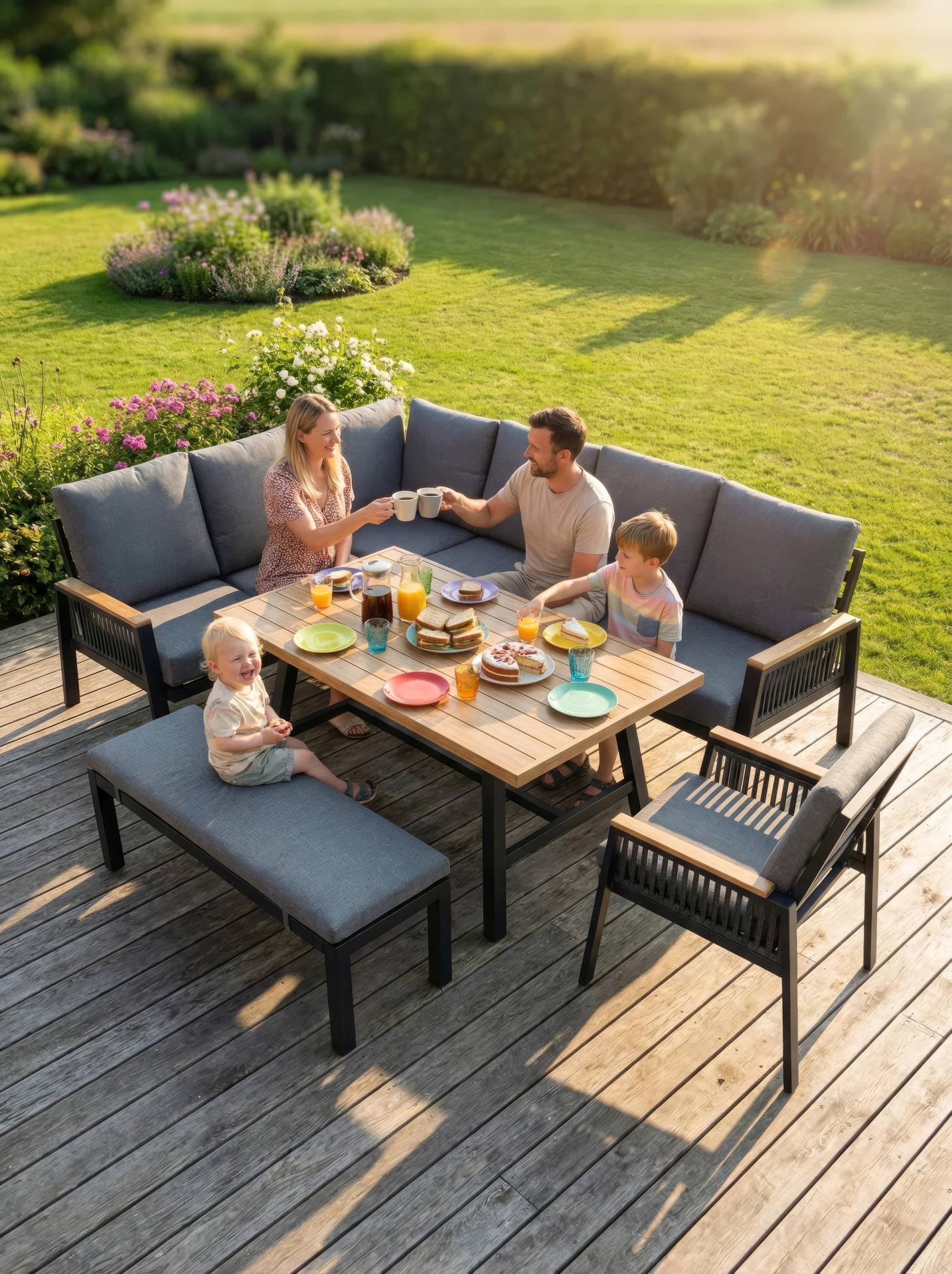 Eckbankgruppe Frederik Outdoor Sitzgruppe aus Aluminium mit Holzdekor Tisch und Textilbändern