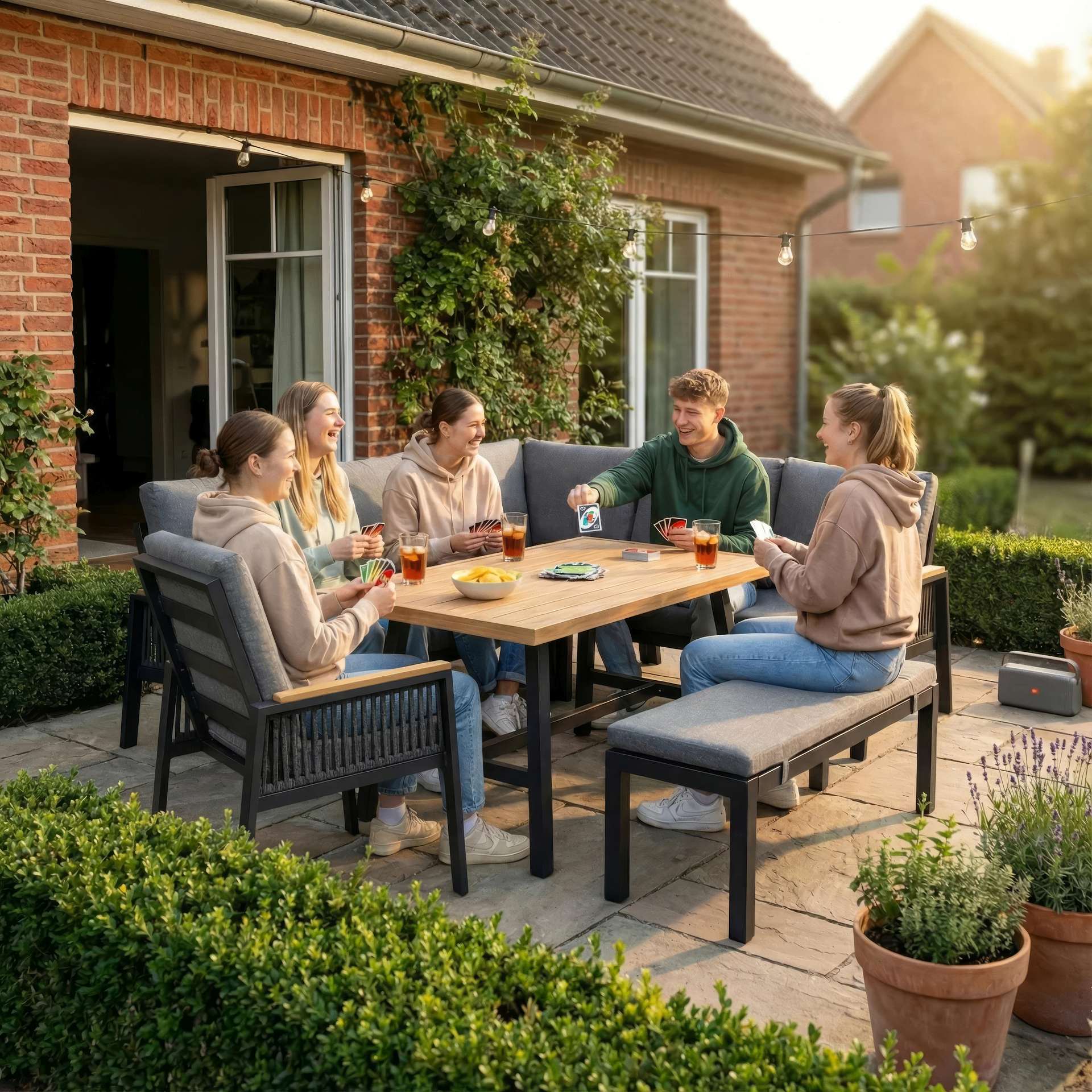 Eckbankgruppe Frederik Outdoor Sitzgruppe aus Aluminium mit Holzdekor Tisch und Textilbändern