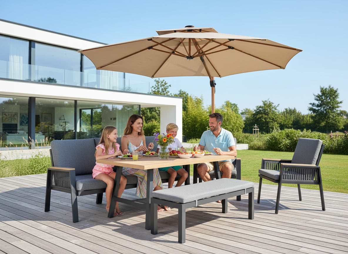 Eckbankgruppe Frederik Outdoor Sitzgruppe aus Aluminium mit Holzdekor Tisch und Textilbändern