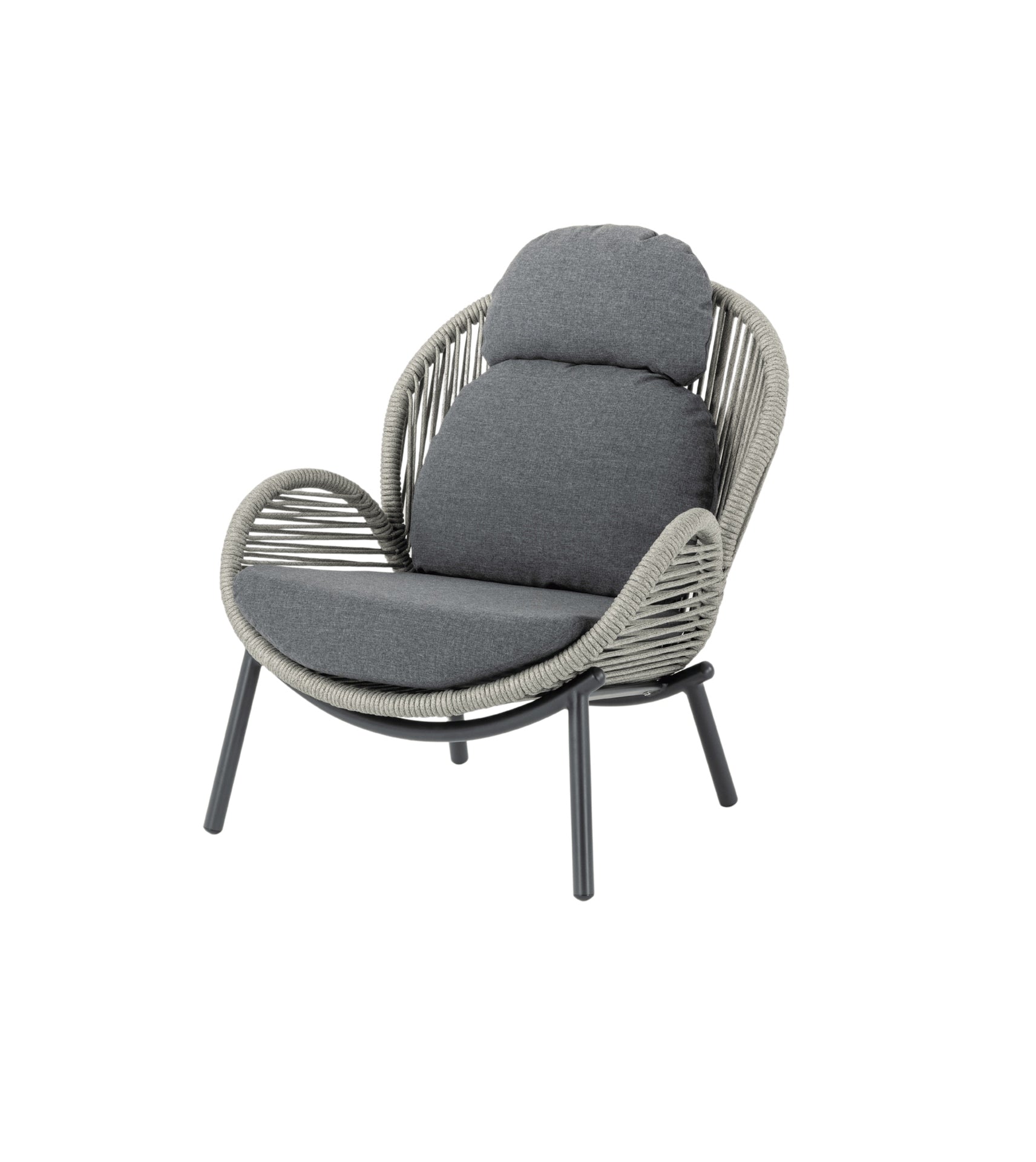 Loungegruppe Honey mit 2-Sitzer-Bank, zwei Fauteuils, Outdoor-Kissen und Sinterstone-Couchtisch in Grau oder Ivory