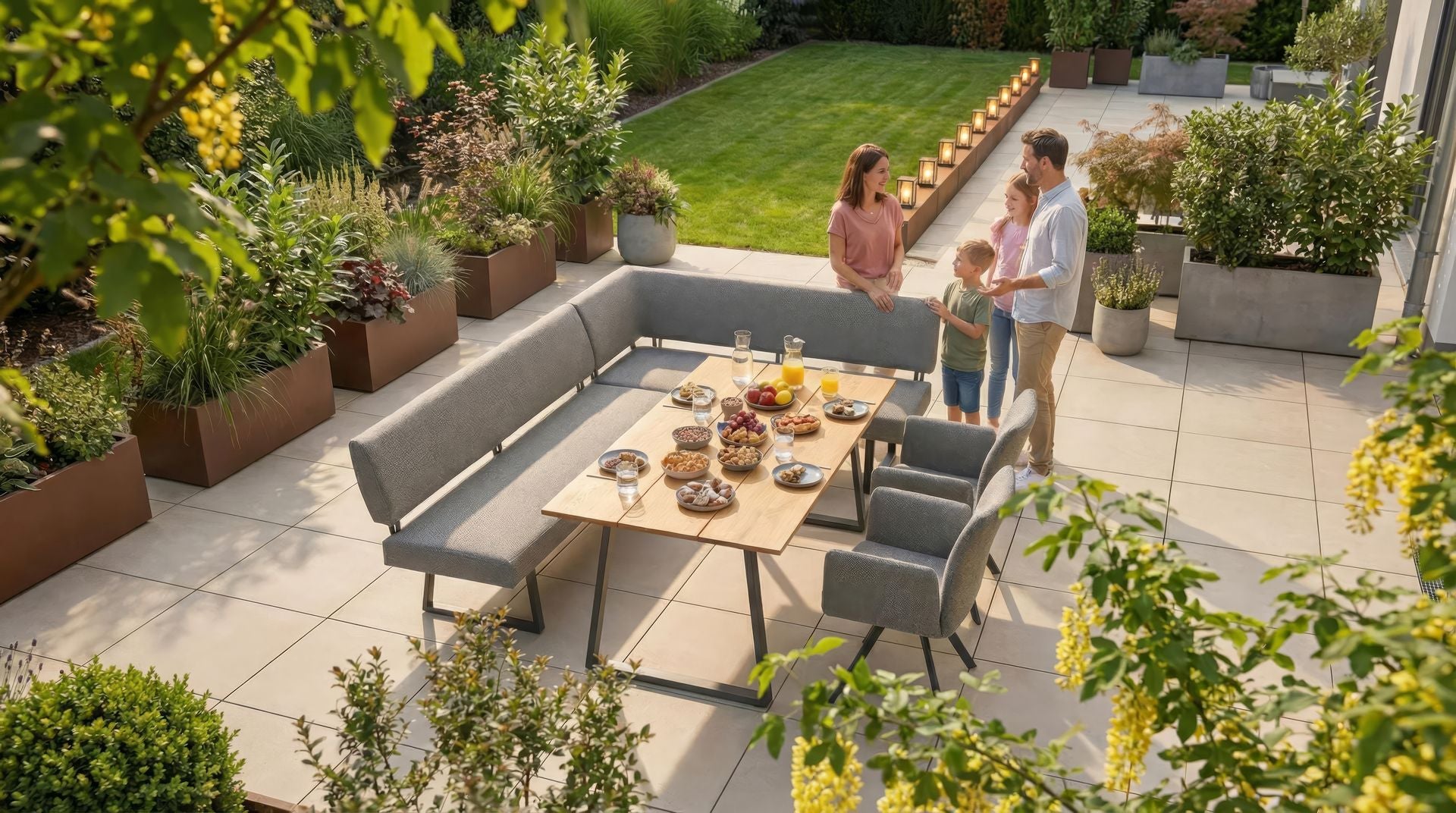 Icarus Eckbankgruppe mit Tisch (Pinienholzlatten), Eckbank und 2 drehbaren Armstühlen.