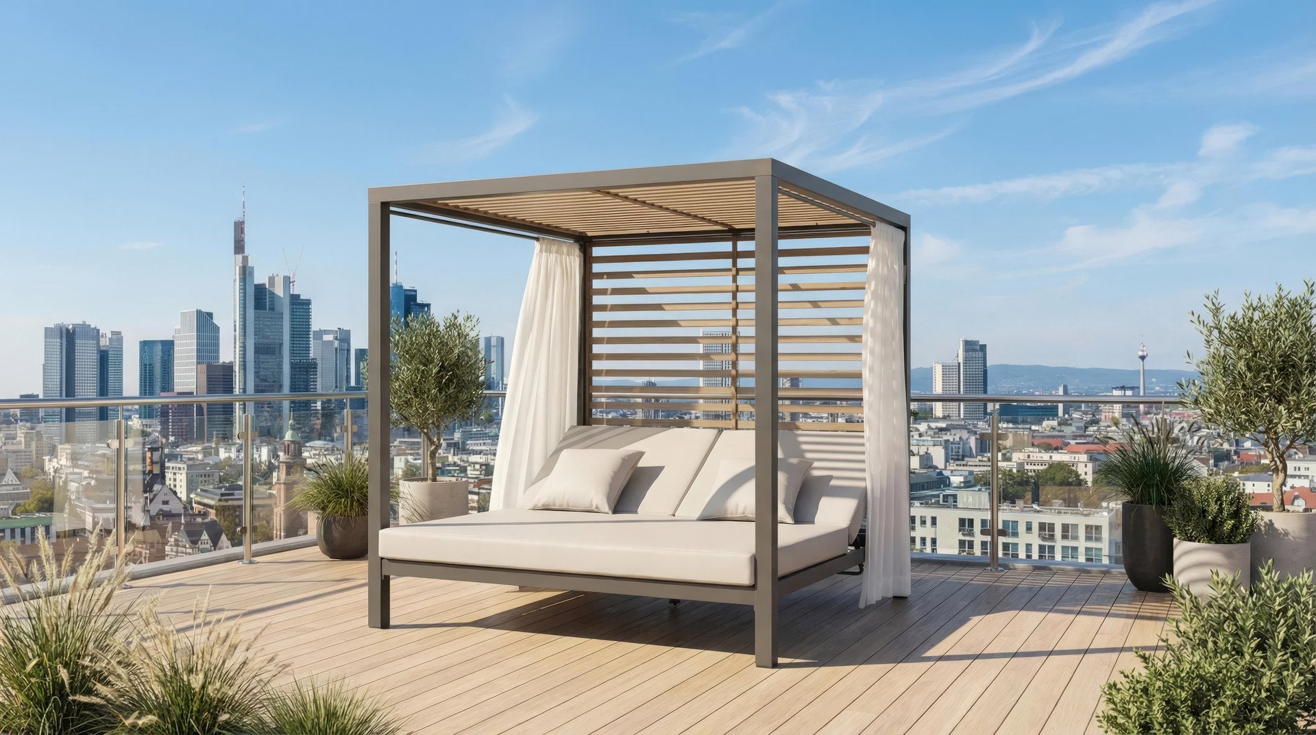 Daybed Indira-Deluxe mit Gestell aus Vierkantrohr Aluminium anthrazit und Holzoptik, PVC-Stoff-Bezug in hellgrau - Gartenmöbelshop.at