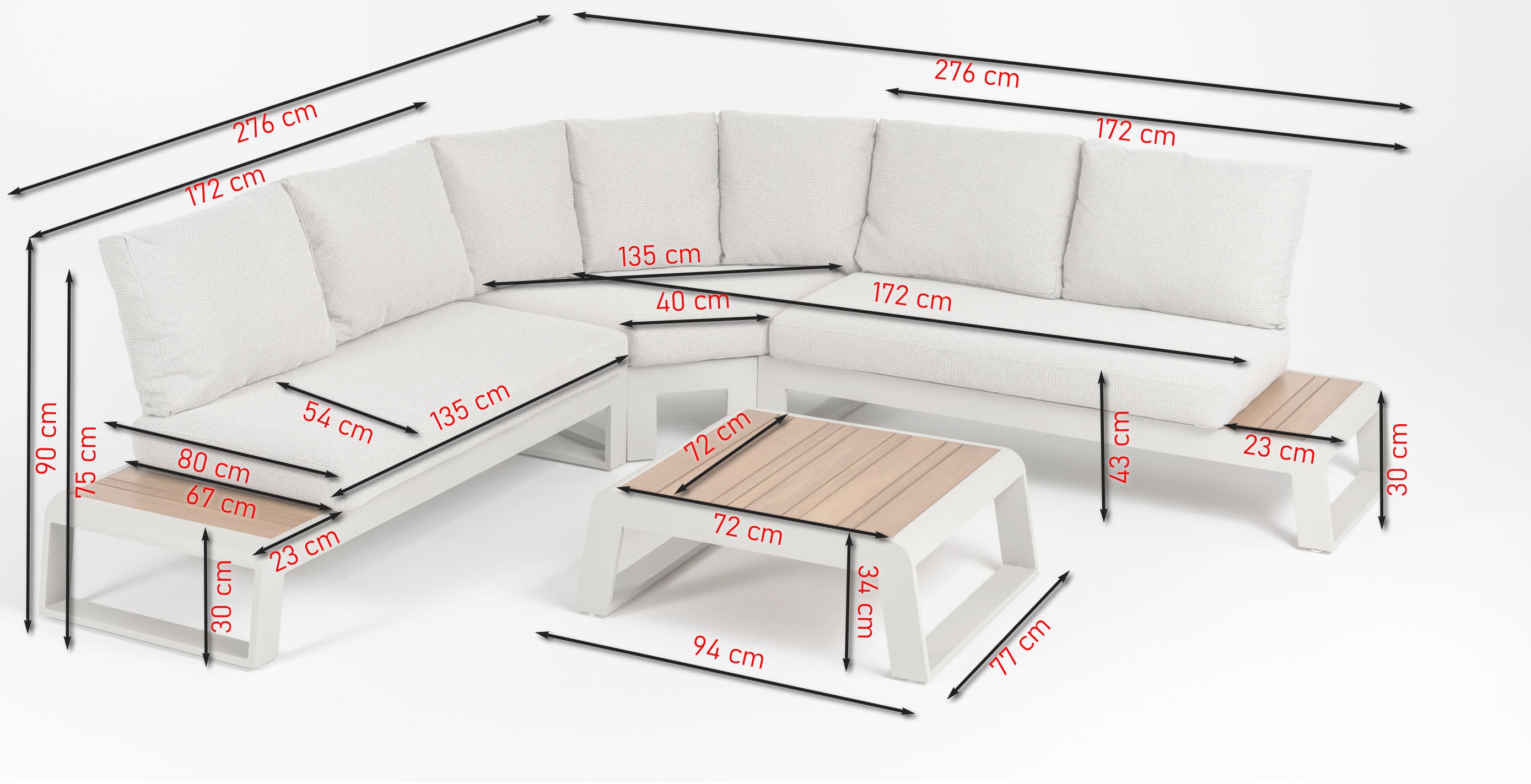 Kaya Eck-Gartenlounge aus Aluminium off-white mit hellgrauen Outdoor-Kissen und Teakholz-Ablagen inklusive Couchtisch