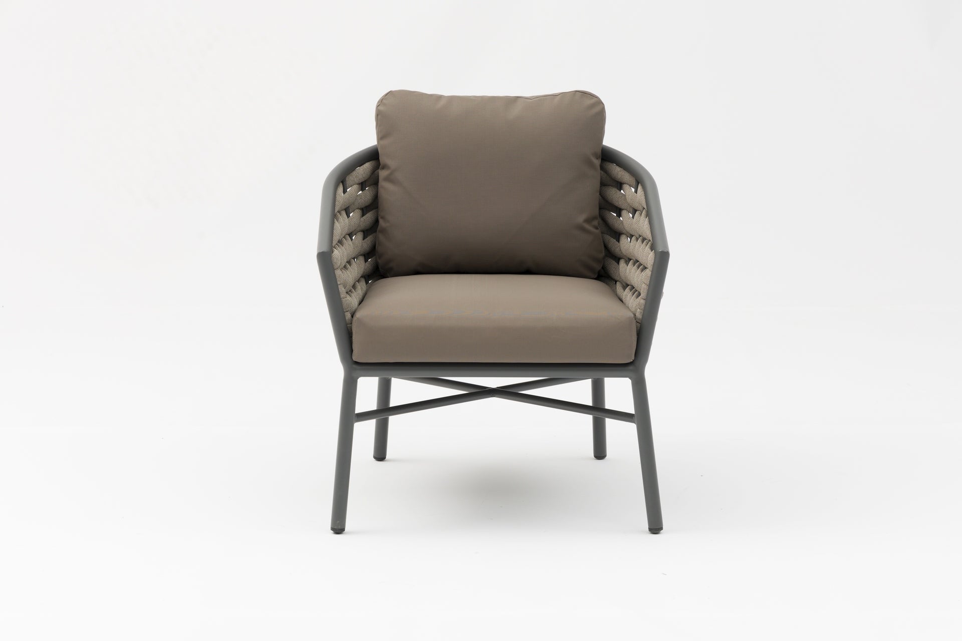 Kilian Loungegruppe mit anthrazitfarbenem Aluminiumgestell, Taupe-Bespannung, Couchtisch mit Sinterstone-Platte und modernen Kissen.