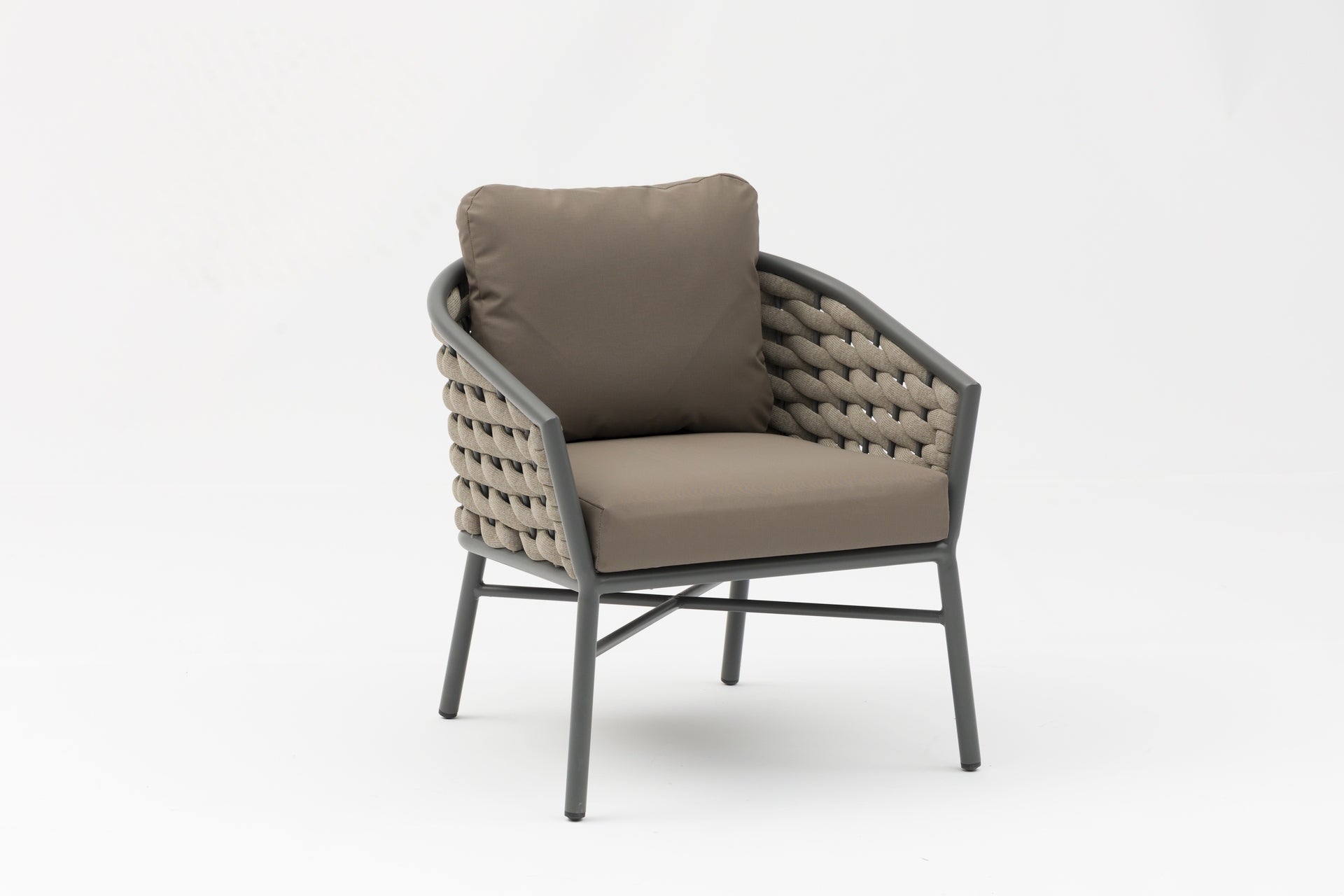 Kilian Loungegruppe mit anthrazitfarbenem Aluminiumgestell, Taupe-Bespannung, Couchtisch mit Sinterstone-Platte und modernen Kissen.