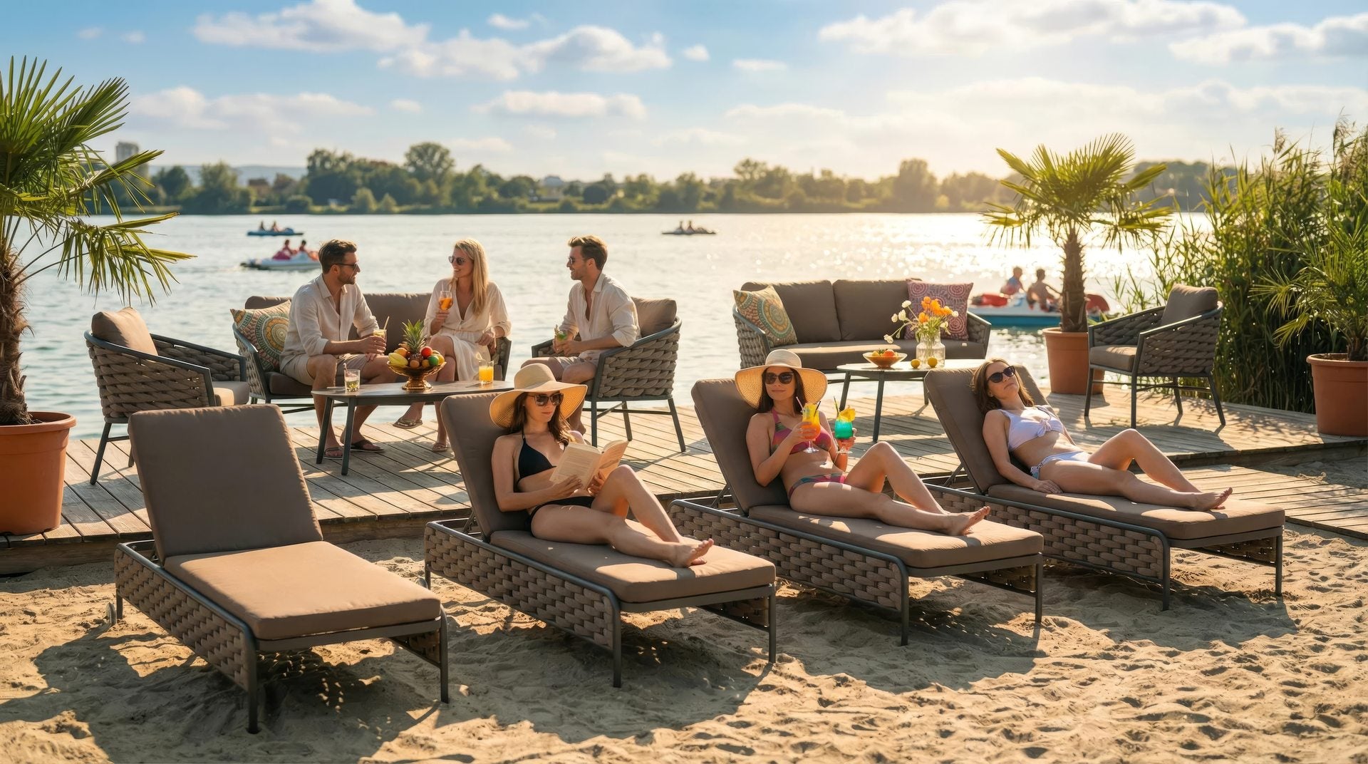 Sonnenliege Kilian mit Aluminiumgestell, wetterfesten Textilenschnüren und stufenweise verstellbarer Rückenlehne.