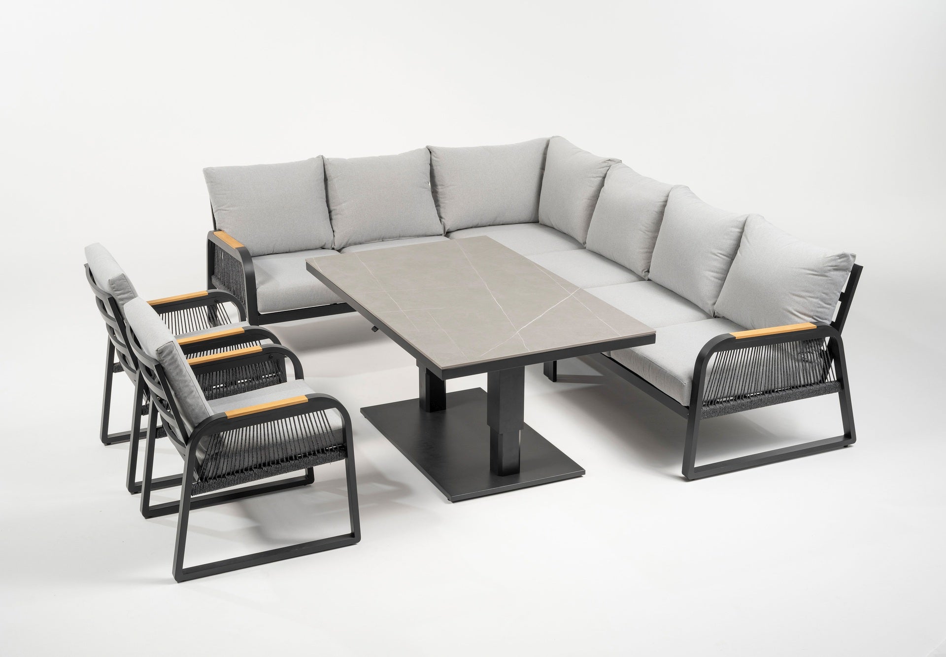 Eckbankgruppe Lara mit höhenverstellbarem Tisch, Sinterstone Tischplatte und Aluminiumgestell in Anthrazit