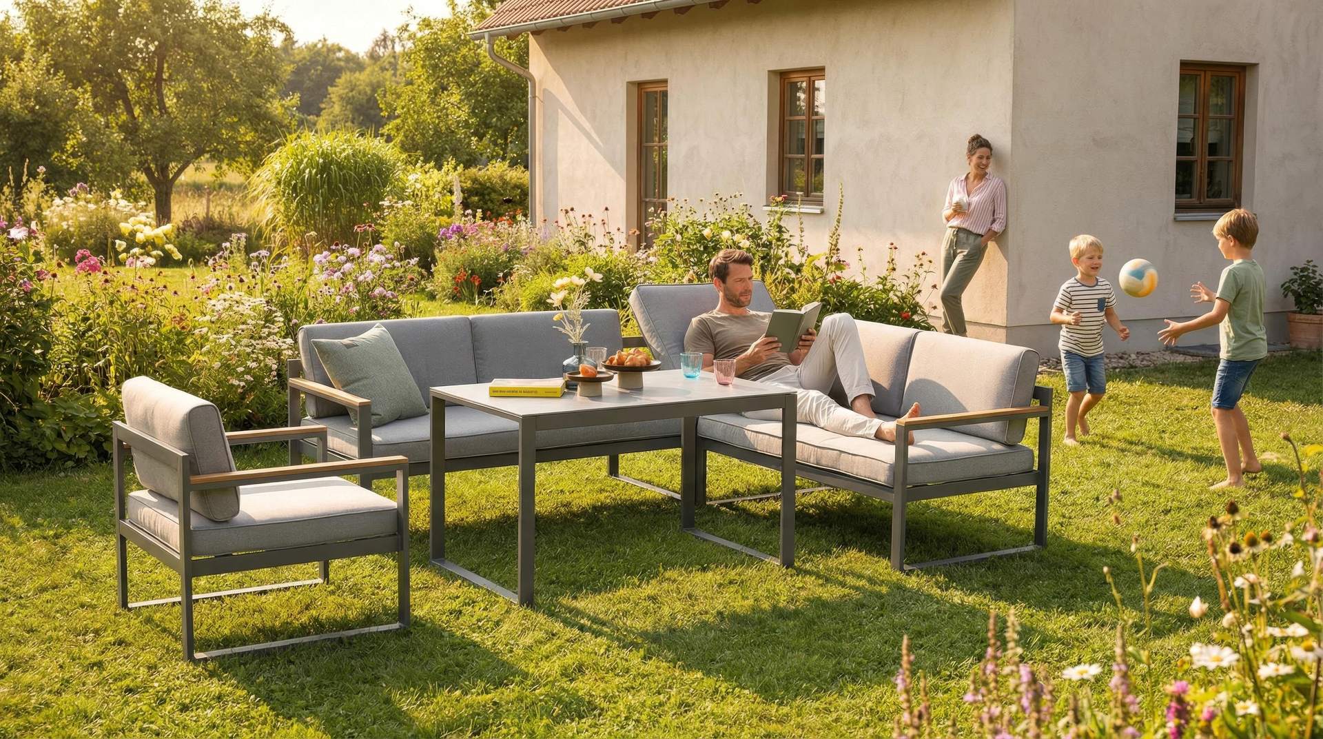 Eckbankgruppe Lionel mit Sinterstone-Tisch und Teakholz-Optik-Armstützen.