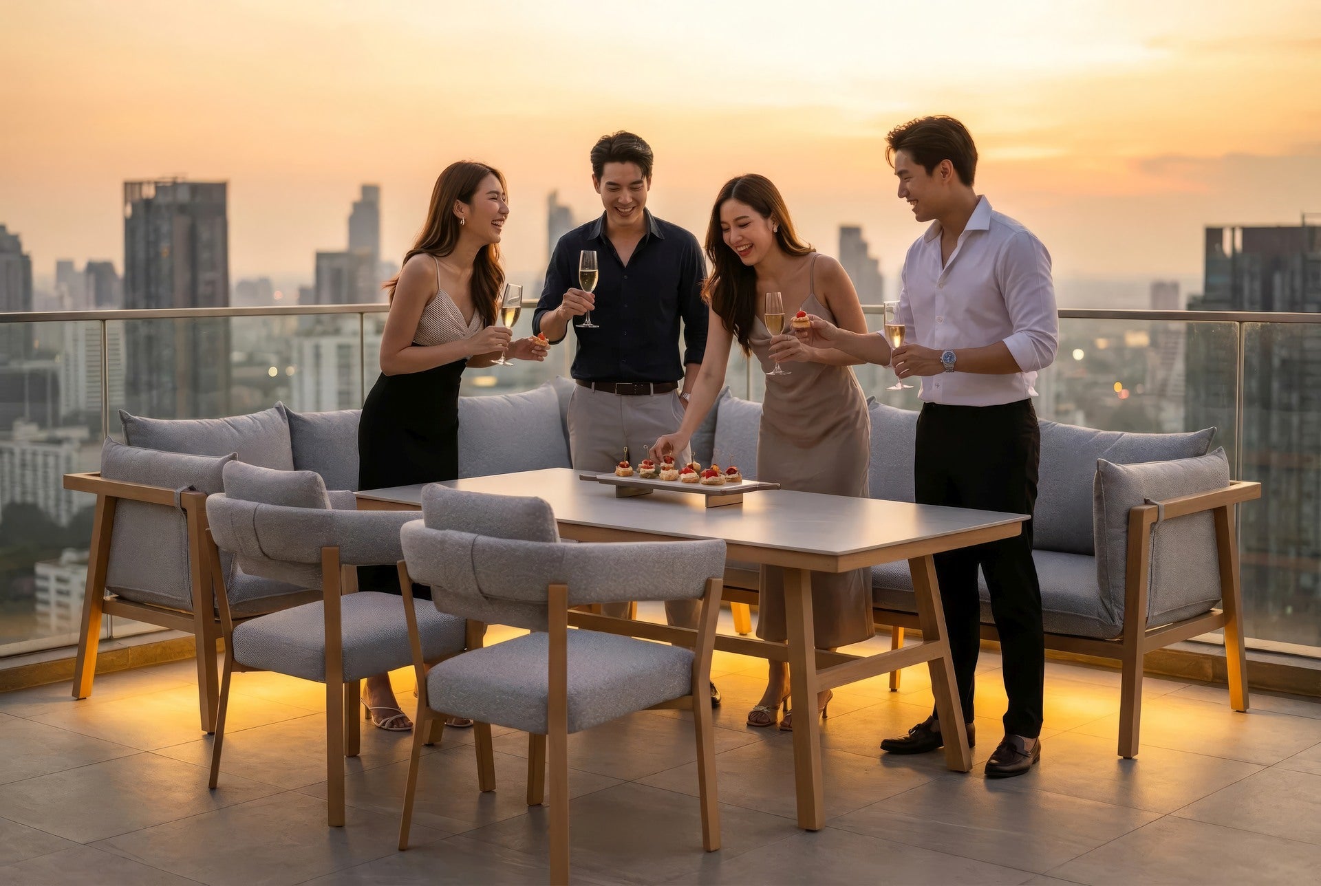 Maja Eckbankgruppe in Holzoptik mit Sinterstone-Tischplatte und grauen Polstern