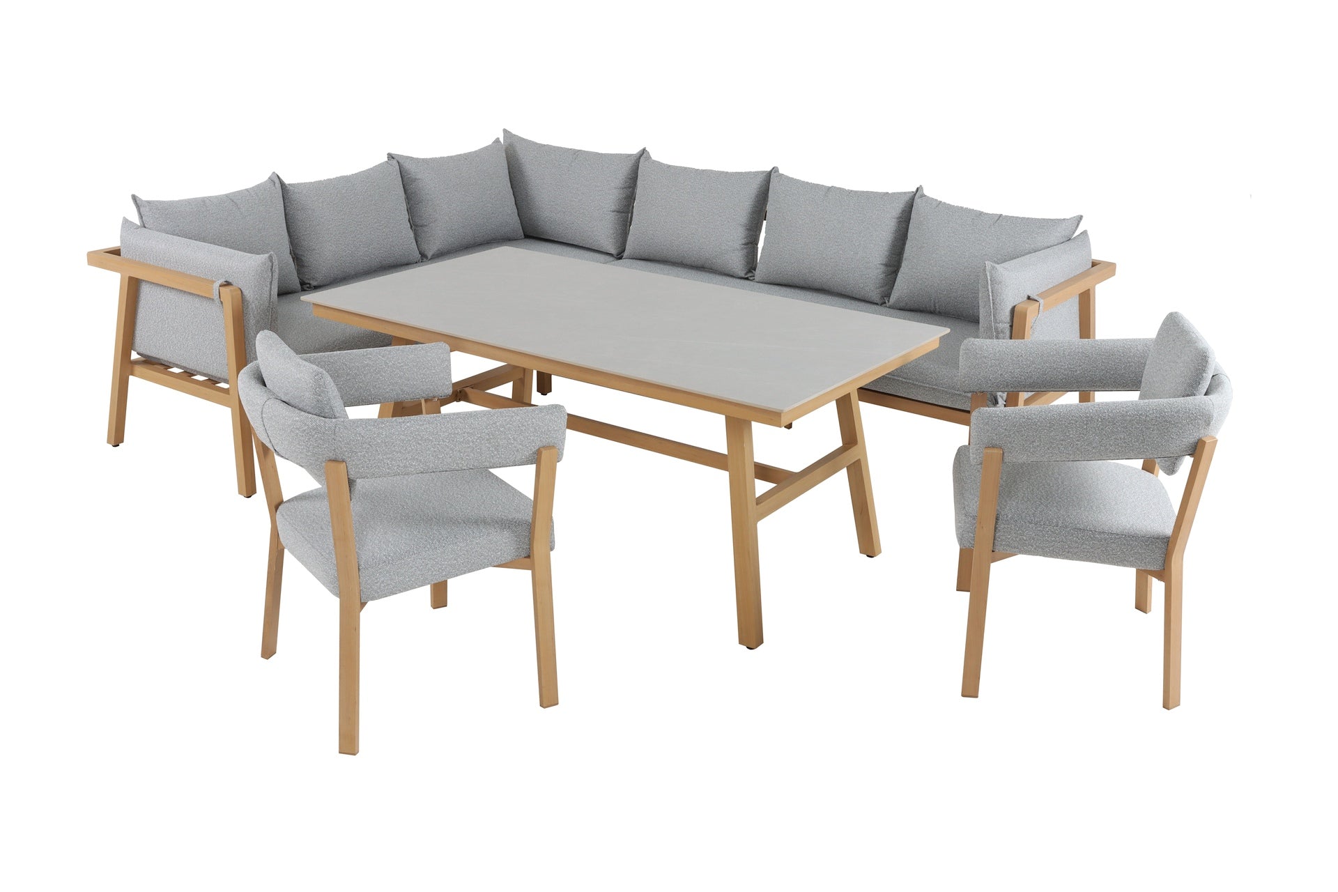Maja Eckbankgruppe in Holzoptik mit Sinterstone-Tischplatte und grauen Polstern