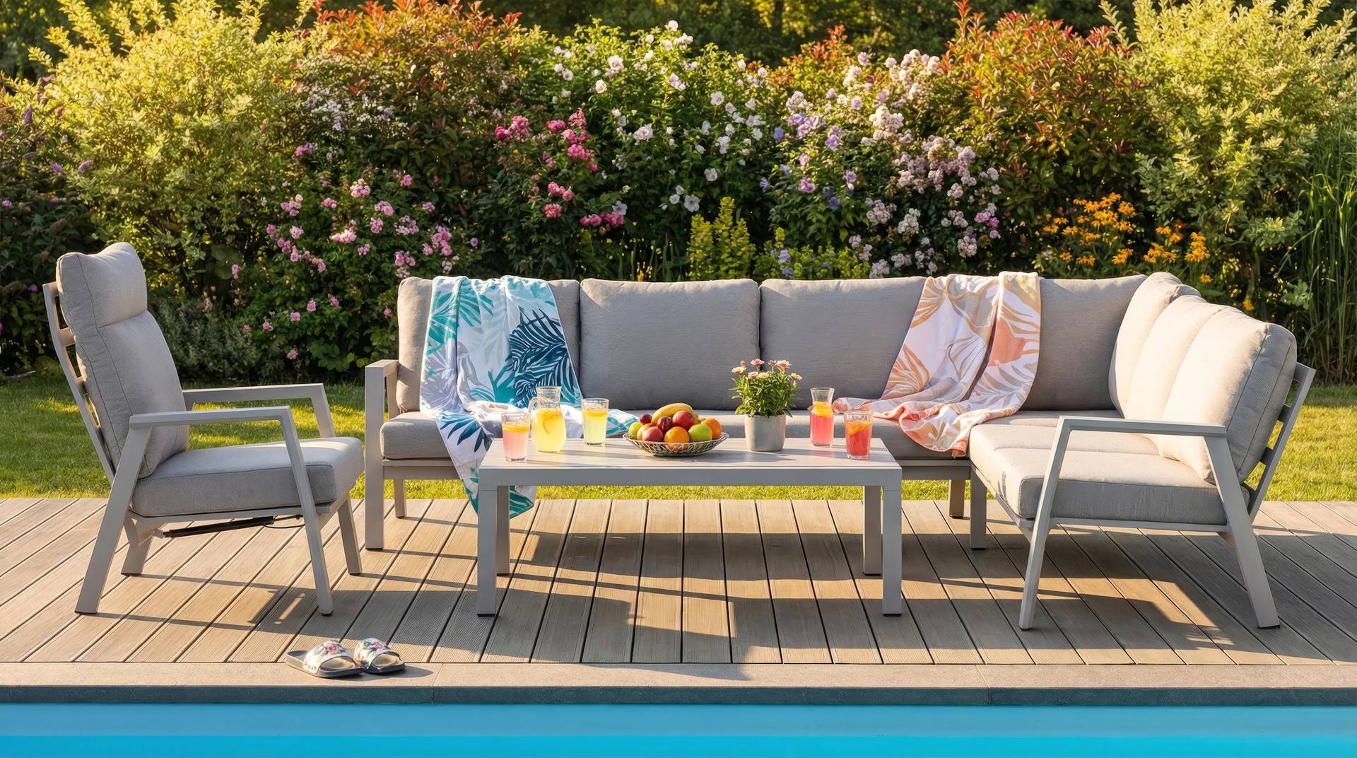 Gartenlounge Marquez mit hellgrauem Aluminiumgestell, beigen Kissen und Couchtisch mit Keramikplatte in Holzoptik.