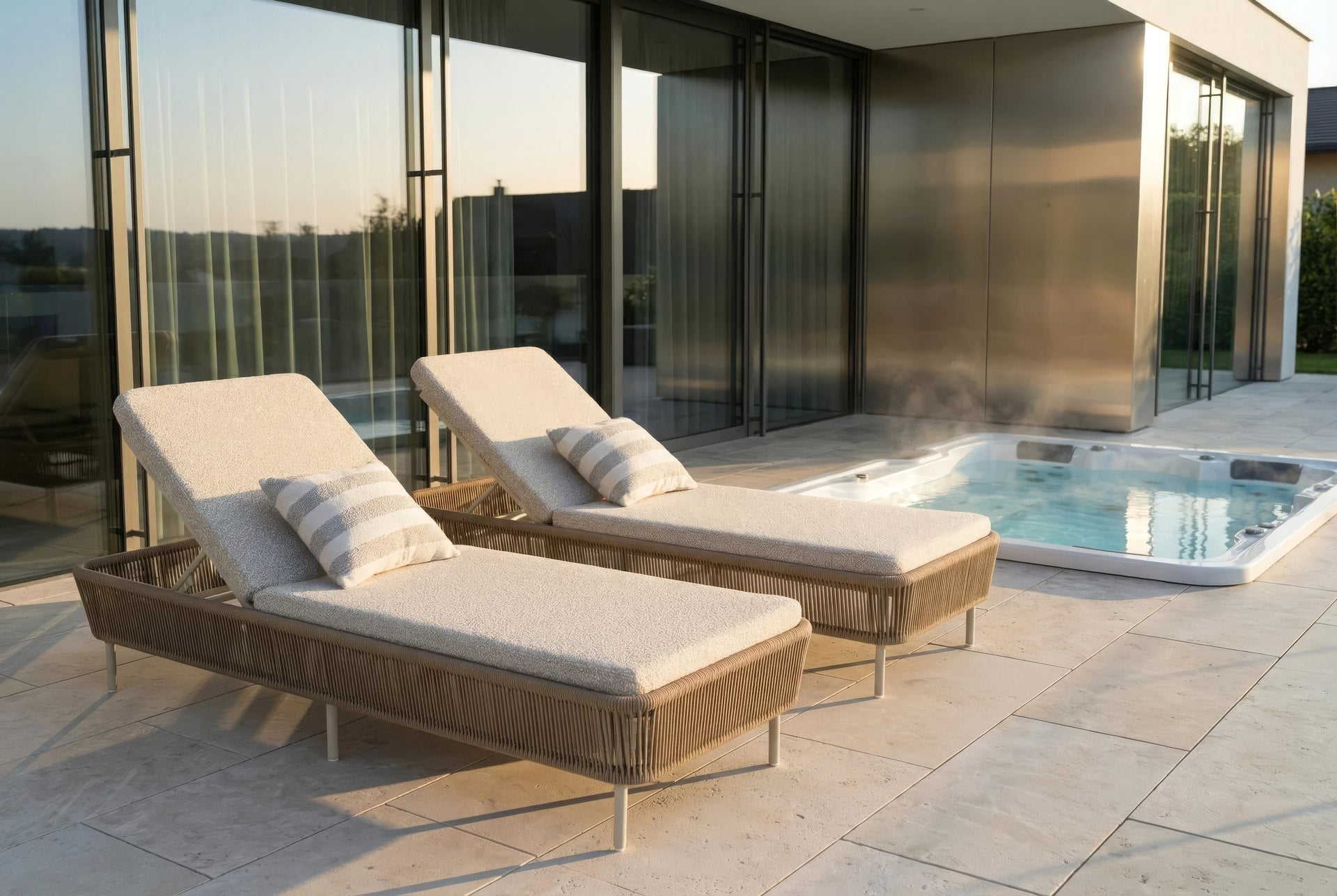 Sonnenliege Matteo mit cremefarbenem Aluminiumgestell, tabakfarbenen Kunststoffschnüren und hellgrauer Polsterauflage für den Outdoor-Bereich