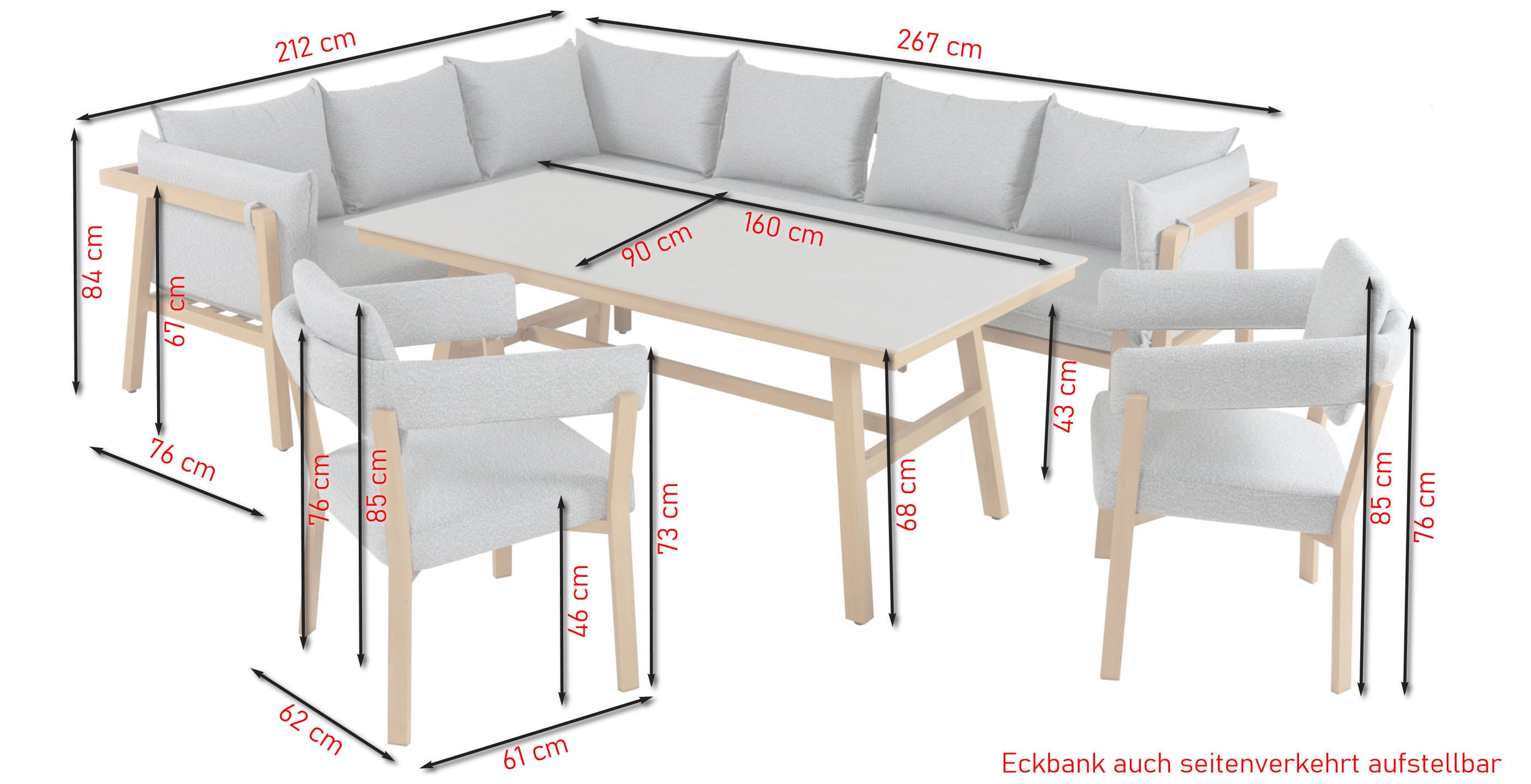 Maja Eckbankgruppe in Holzoptik mit Sinterstone-Tischplatte und grauen Polstern