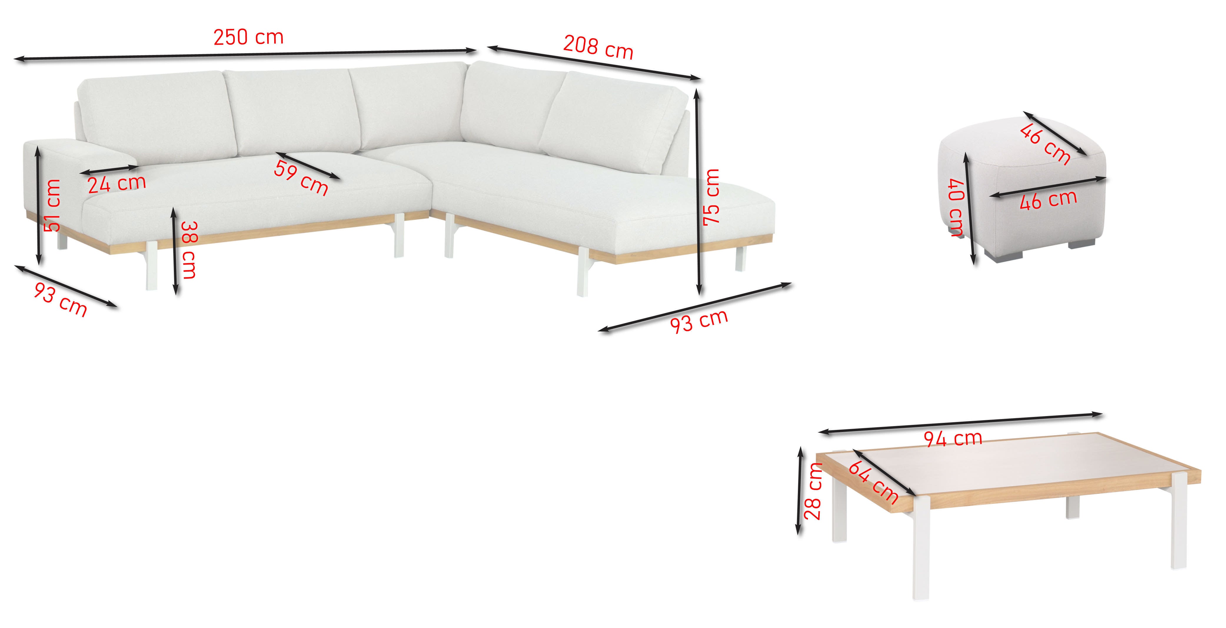 Micky Eck-Gartenlounge aus Aluminium ivory mit Akazienholz natur und grau-braunem Outdoor-Textilstoff inklusive Hocker und Couchtisch