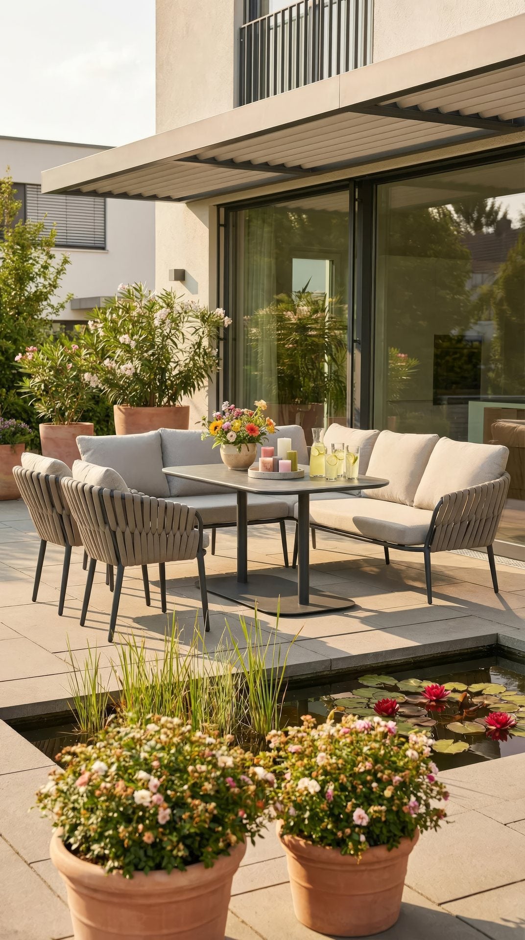 Nero Eckbankgruppe mit Sinterstone Tischplatte, taupefarbenen Textilschnüren und Aluminiumgestell – Gartenmöbelshop.at