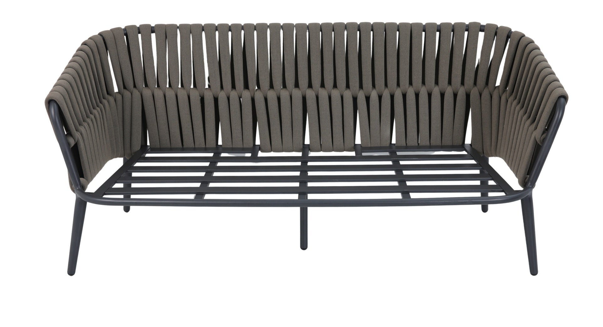 Loungegruppe Nero mit anthrazitfarbenem Aluminiumgestell, braunen Textilbändern und grauen Kissen. Moderne Outdoor-Lounge mit Couchtischen.