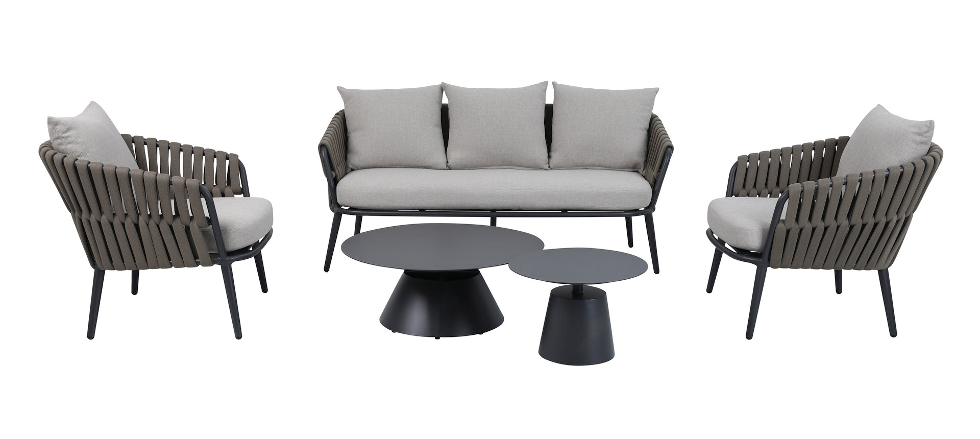 Loungegruppe Nero mit anthrazitfarbenem Aluminiumgestell, braunen Textilbändern und grauen Kissen. Moderne Outdoor-Lounge mit Couchtischen.