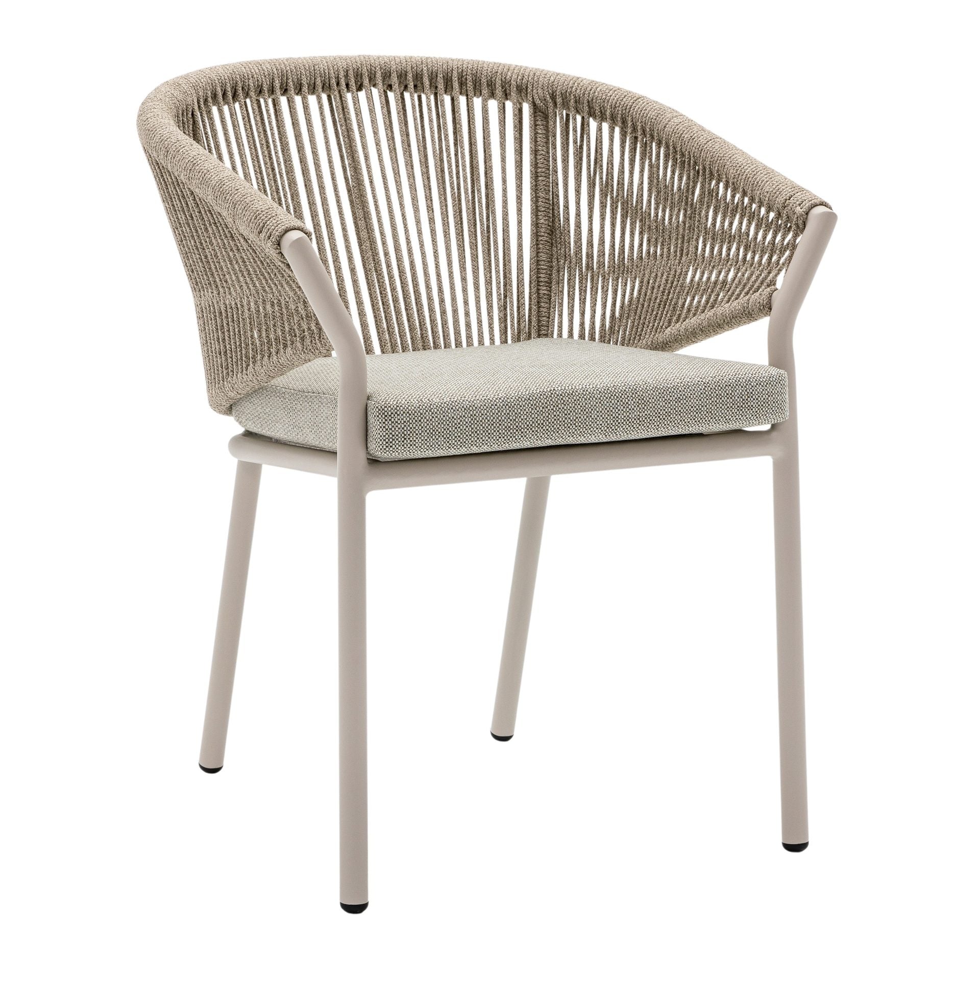 Nikki Gartenstuhl mit Aluminiumgestell in grau-beige oder Anthrazit, Textilschnur-Rückenlehne und grauem Sitzkissen für den Outdoor-Bereich