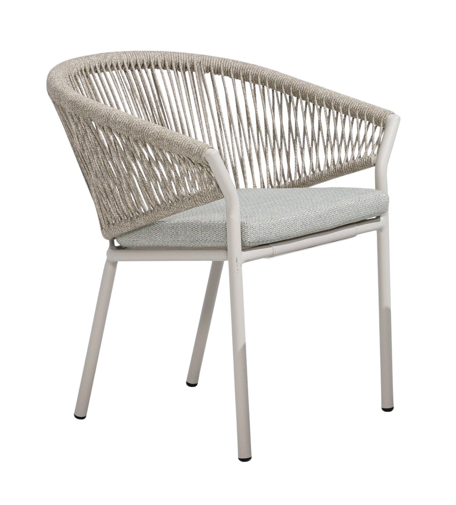 Nikki Gartenstuhl mit Aluminiumgestell in grau-beige oder Anthrazit, Textilschnur-Rückenlehne und grauem Sitzkissen für den Outdoor-Bereich