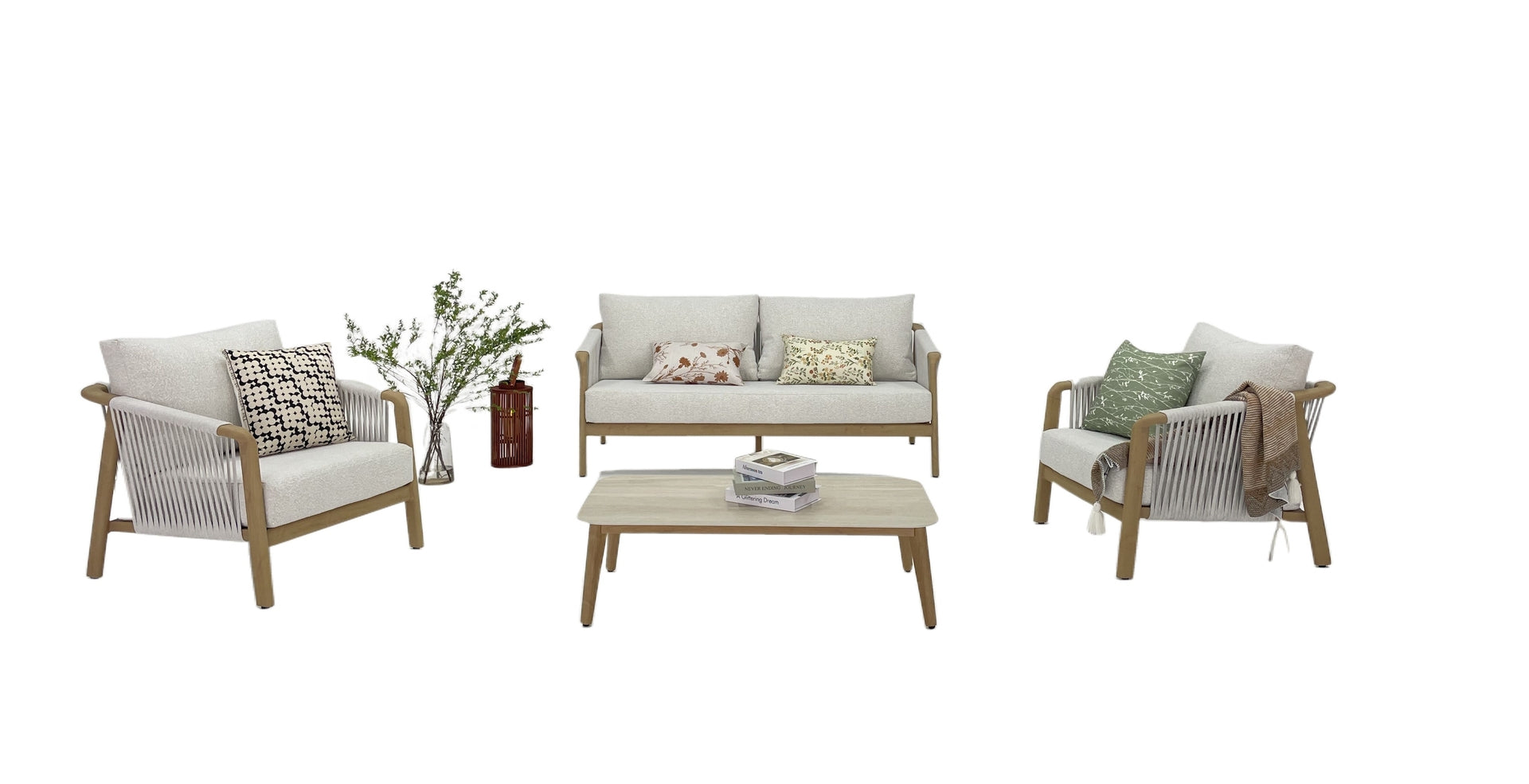 Olenna Gartenlounge aus Aluminium in Holzdekor mit ivory Textilschnüren, cremefarbenen witterungsbeständigen Polstern, bestehend aus 2-Sitzer, zwei Armstühlen und Loungetisch – Outdoor Gartenmöbel