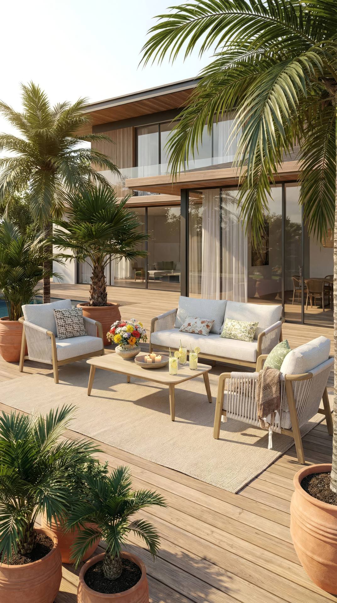 Olenna Gartenlounge aus Aluminium in Holzdekor mit ivory Textilschnüren, cremefarbenen witterungsbeständigen Polstern, bestehend aus 2-Sitzer, zwei Armstühlen und Loungetisch – Outdoor Gartenmöbel