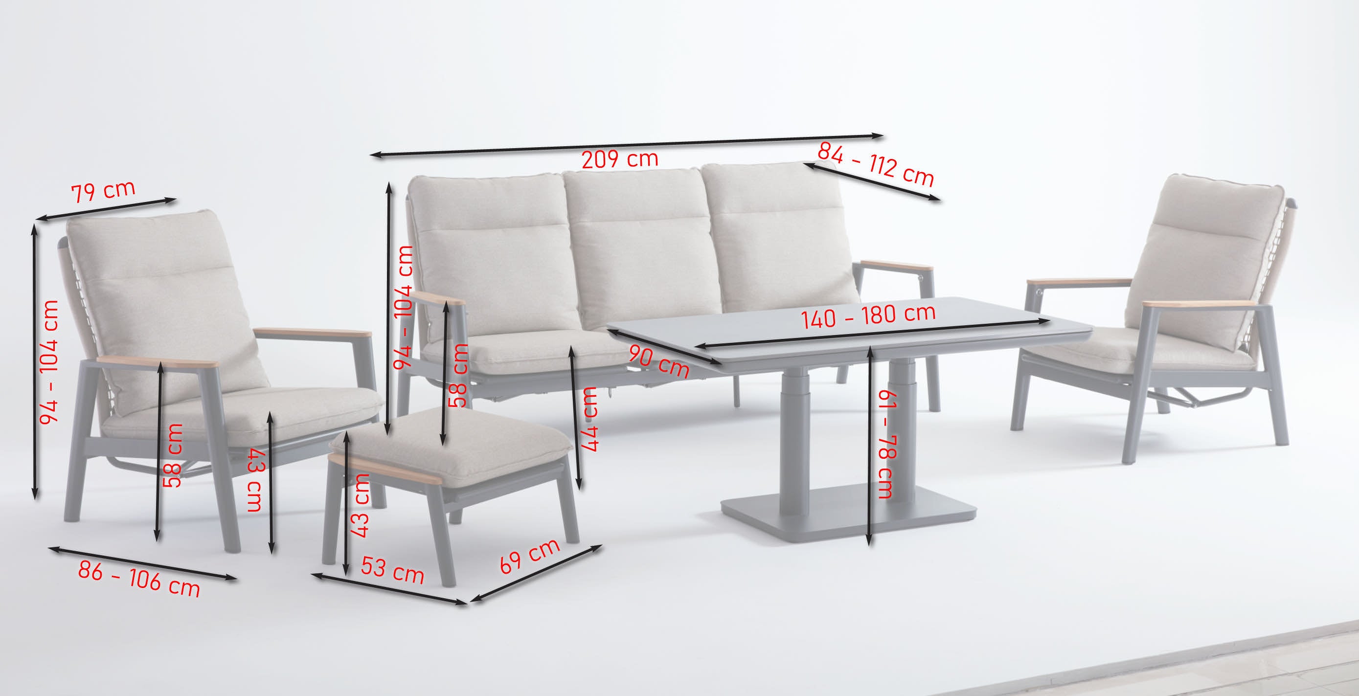 Sofagruppe Ophelia mit höhenverstellbarem Sinterstone Tisch, Textilschnüren und Aluminiumgestell – Gartenmöbelshop.at