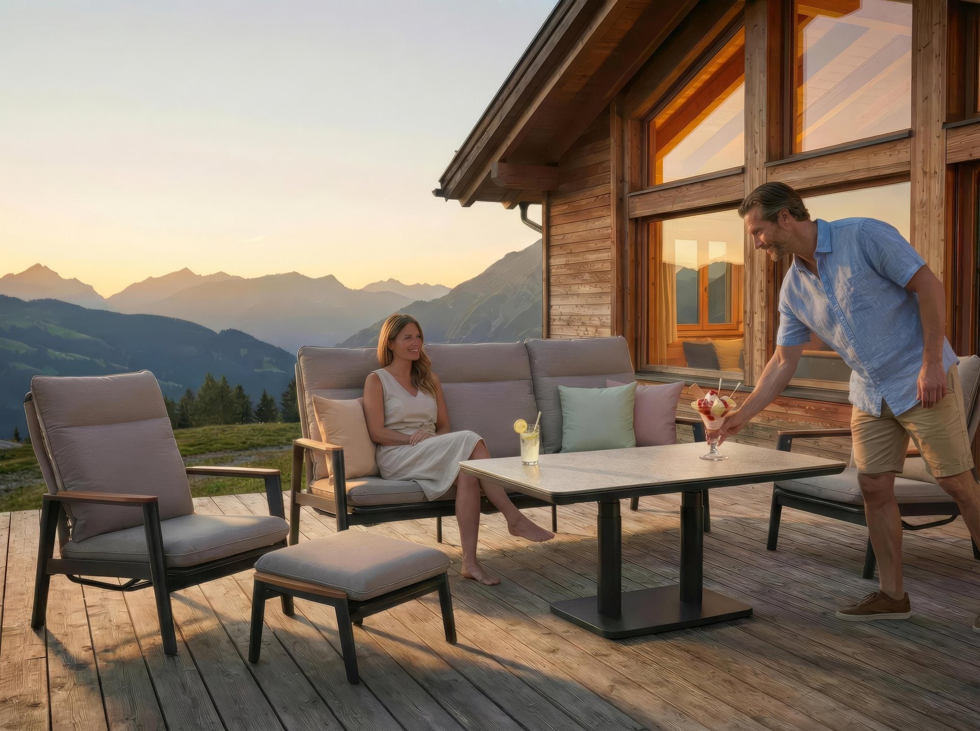 Sofagruppe Ophelia mit höhenverstellbarem Sinterstone Tisch, Textilschnüren und Aluminiumgestell – Gartenmöbelshop.at