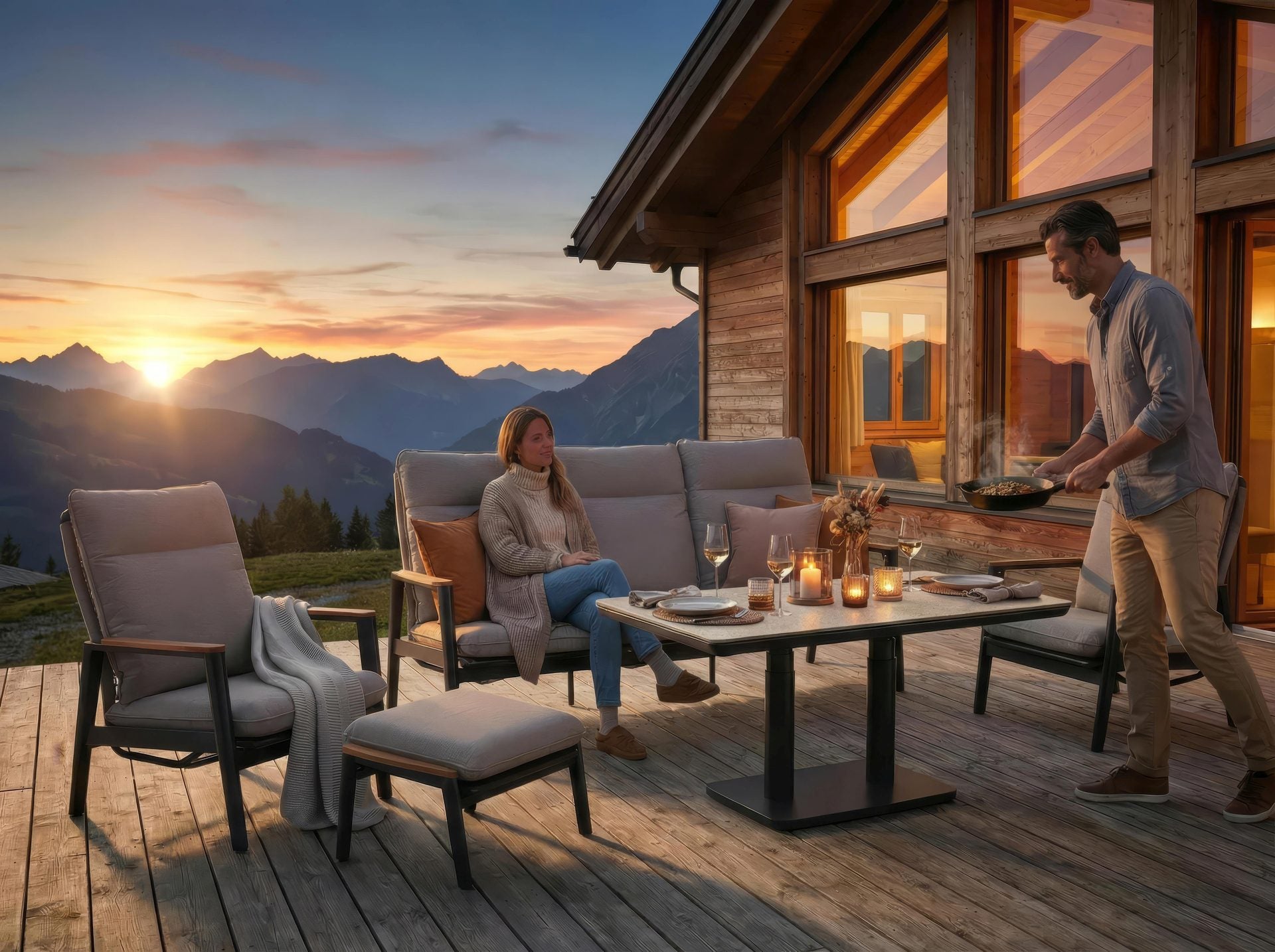 Sofagruppe Ophelia mit höhenverstellbarem Sinterstone Tisch, Textilschnüren und Aluminiumgestell – Gartenmöbelshop.at