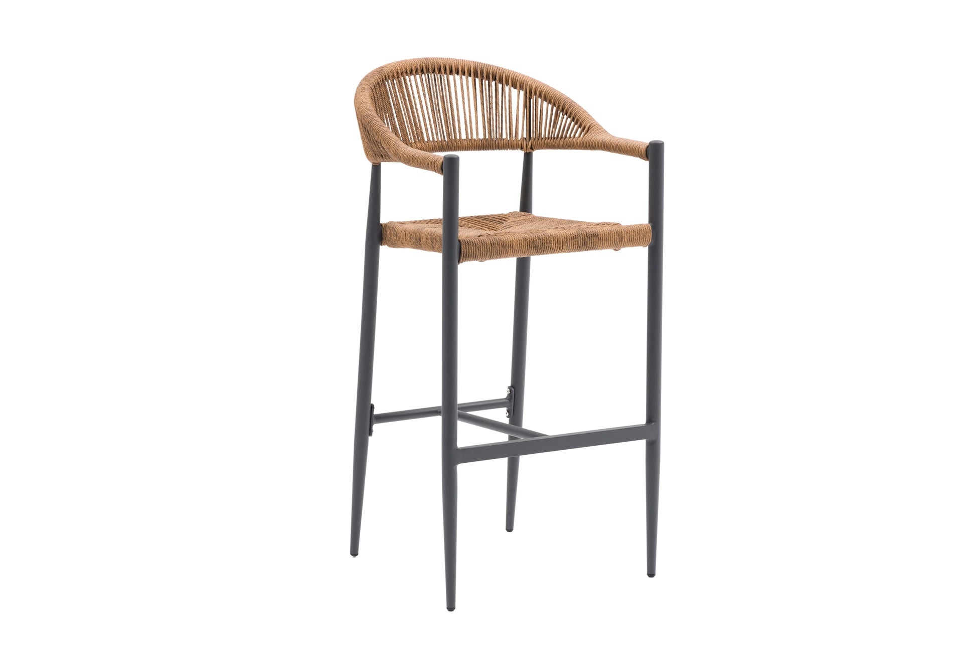 Barhocker Penelope aus Aluminium anthrazit mit naturfarbenen Kunststoffschnüren