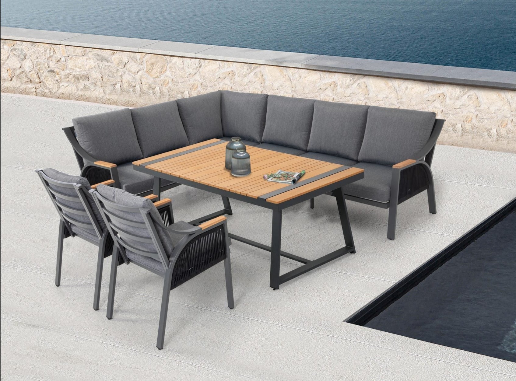 Phoenix Garteneckbankgruppe in Anthrazit und Ivory mit Thermo-Holz und wetterfesten Kissen.