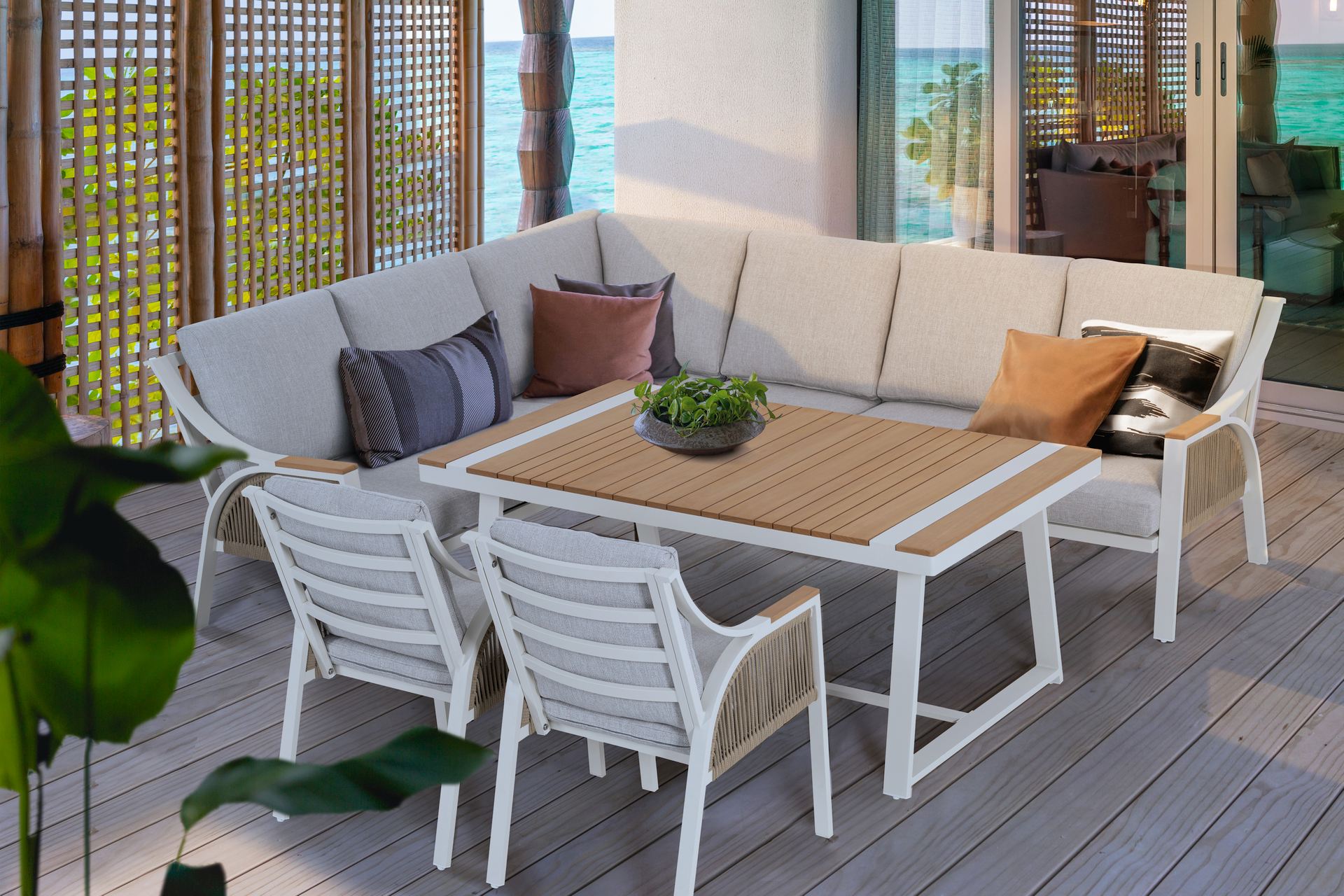 Phoenix Garteneckbankgruppe in Anthrazit und Ivory mit Thermo-Holz und wetterfesten Kissen.