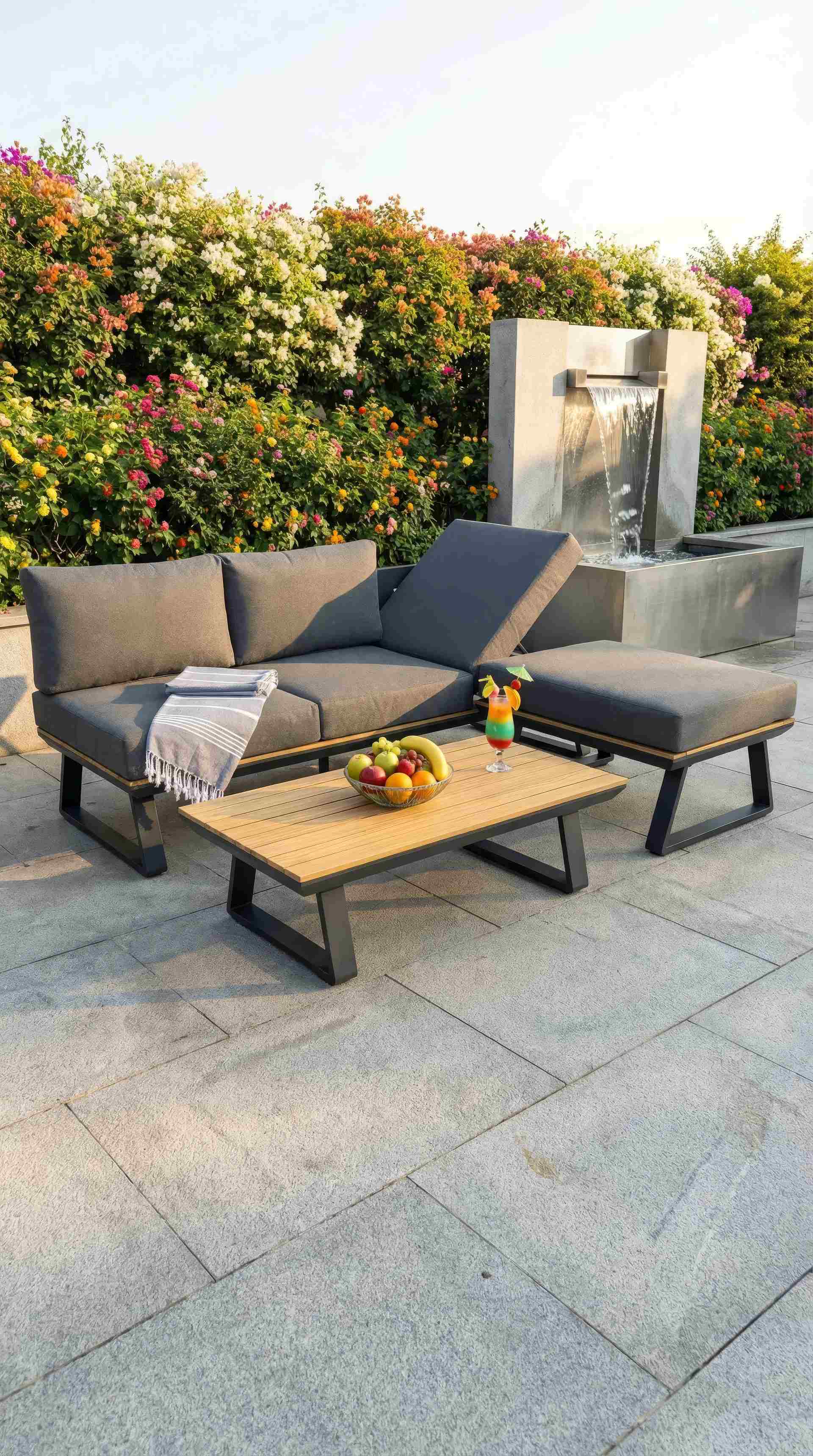 Pina Loungegruppe mit anthrazitfarbenem Aluminiumgestell, grauen Polstern und Pinienholz-Tischplatte.