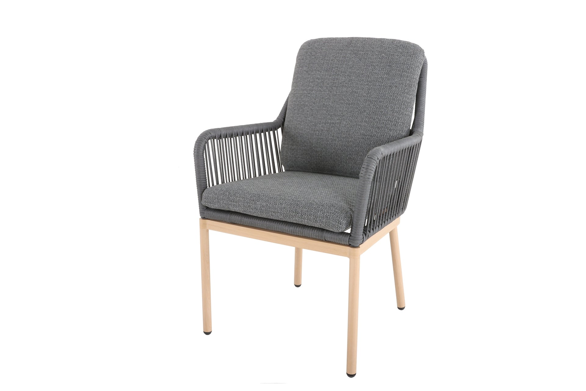 Poppy Eckbankgruppe mit höhenverstellbarem Tisch aus Aluminium, Textilschnüren und dunkelgrauen Polstern – Gartenmöbelshop.at