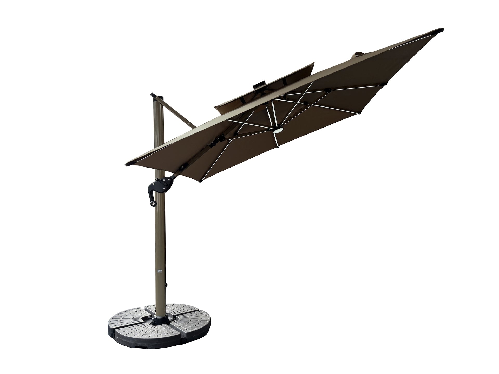 Ruffy-Compact Pendelschirm 250x250 cm in Grau mit taupefarbener Bespannung, LED-Solarlicht und befüllbarem Sockel