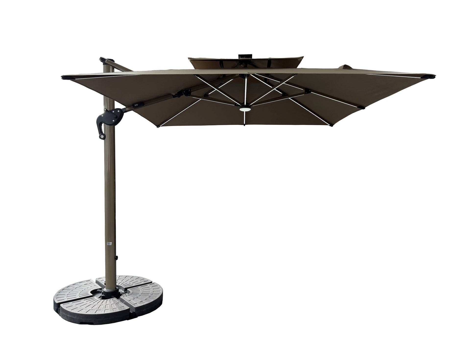 Ruffy-Compact Pendelschirm 250x250 cm in Grau mit taupefarbener Bespannung, LED-Solarlicht und befüllbarem Sockel