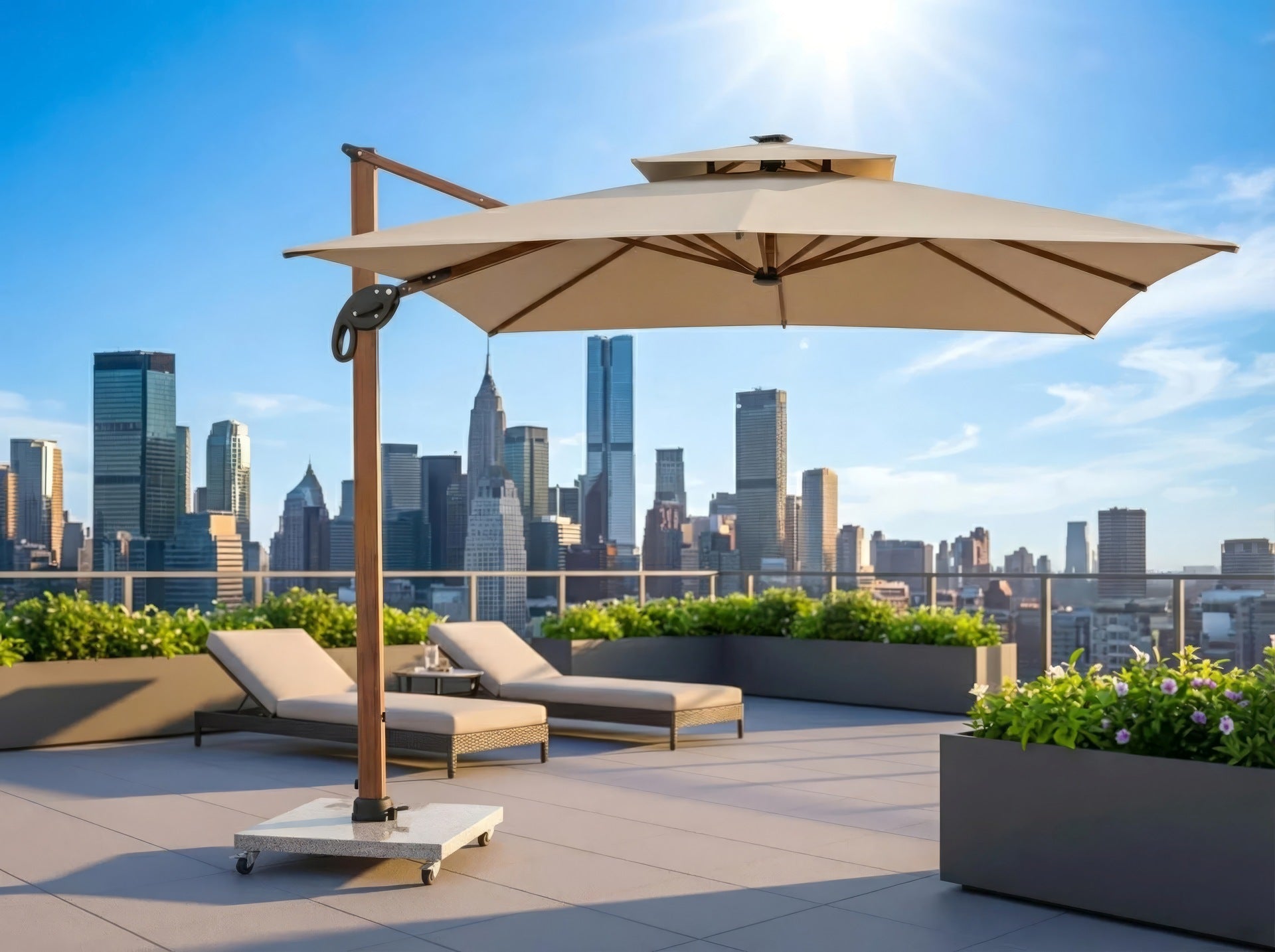 Ruffy Wood Pendelschirm 3x3 m in edler Holzoptik mit LED-Beleuchtung und fahrbarem Granitsockel für Terrasse und Garten