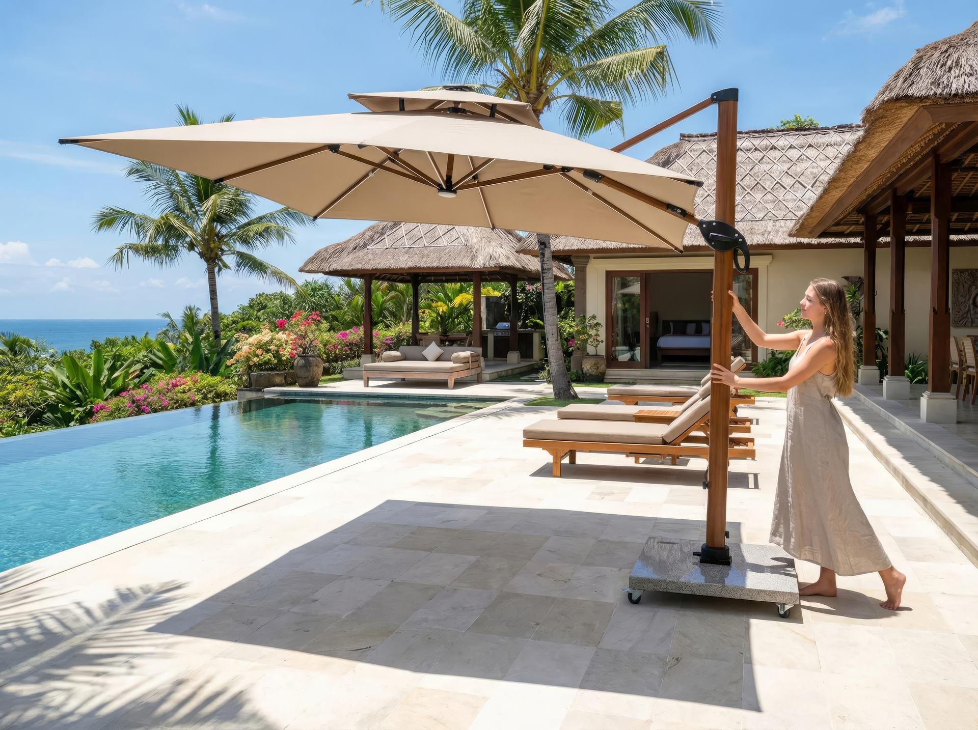 Ruffy Wood Pendelschirm 3x3 m in edler Holzoptik mit LED-Beleuchtung und fahrbarem Granitsockel für Terrasse und Garten