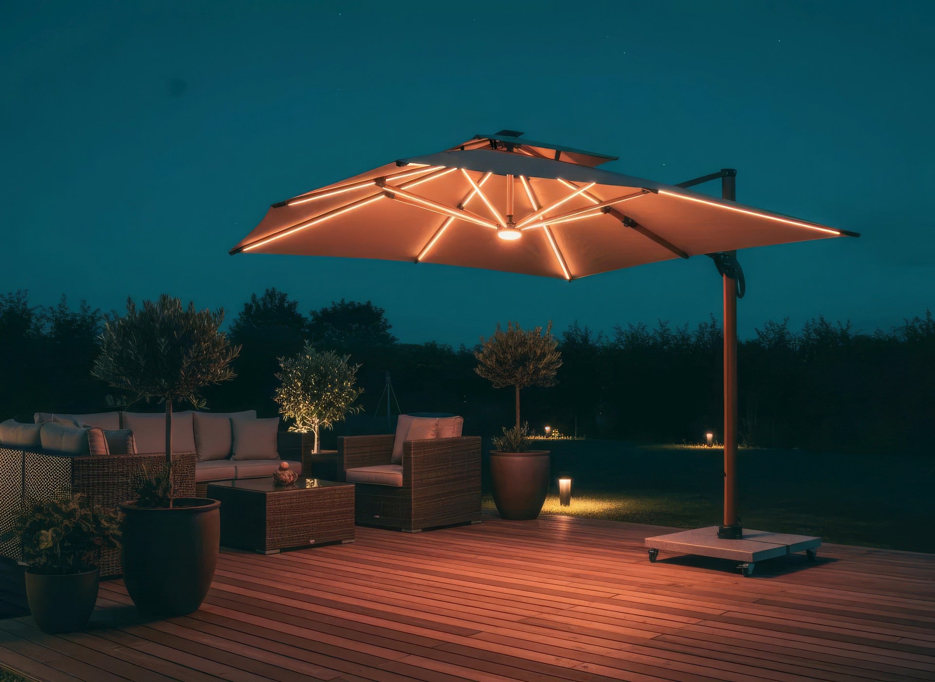 Ruffy Wood Pendelschirm 3x3 m in edler Holzoptik mit LED-Beleuchtung und fahrbarem Granitsockel für Terrasse und Garten