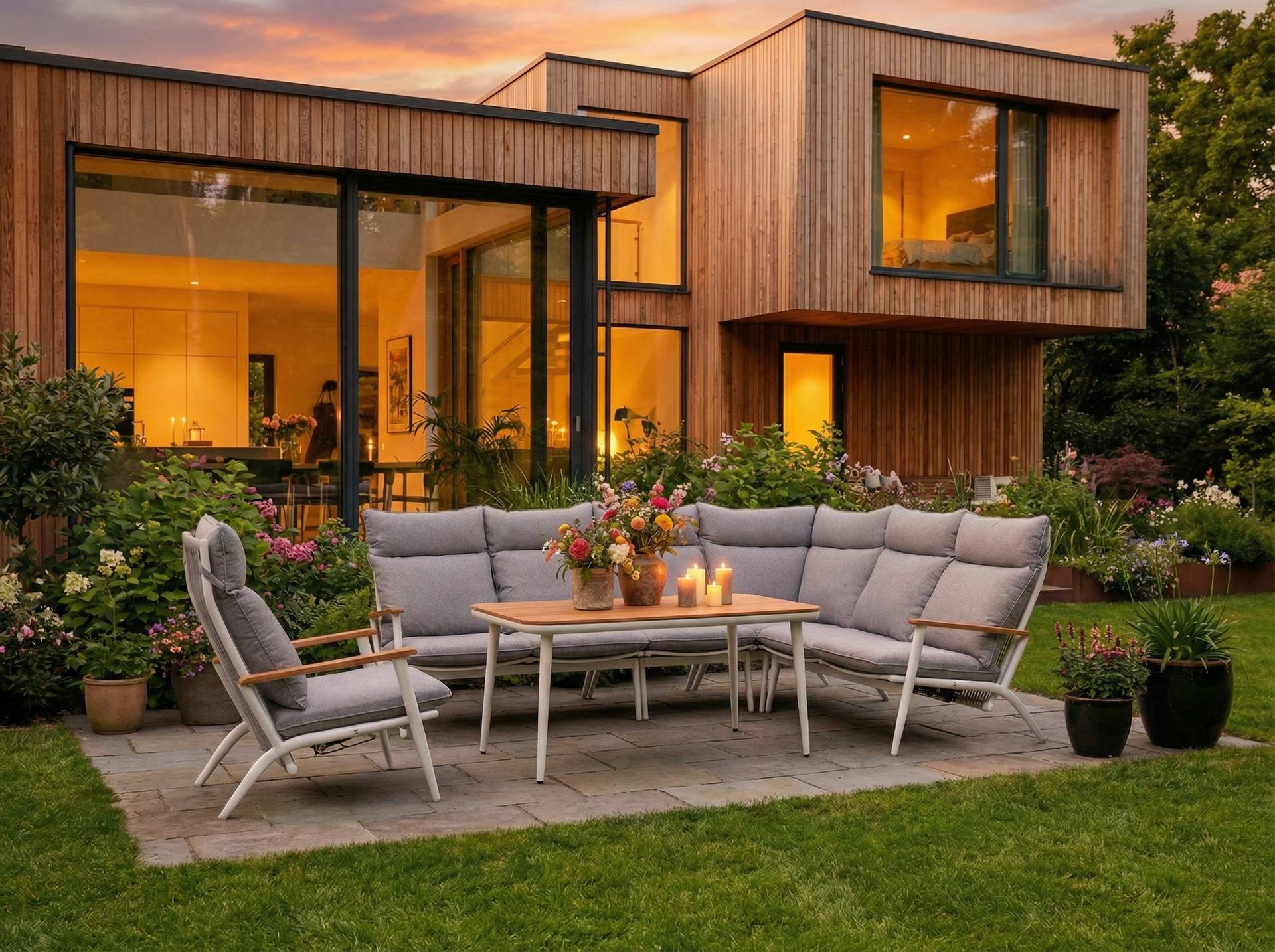 Ryan Eckbankgruppe aus Aluminium mit Teakholz-Tischplatte und verstellbaren Armstühlen