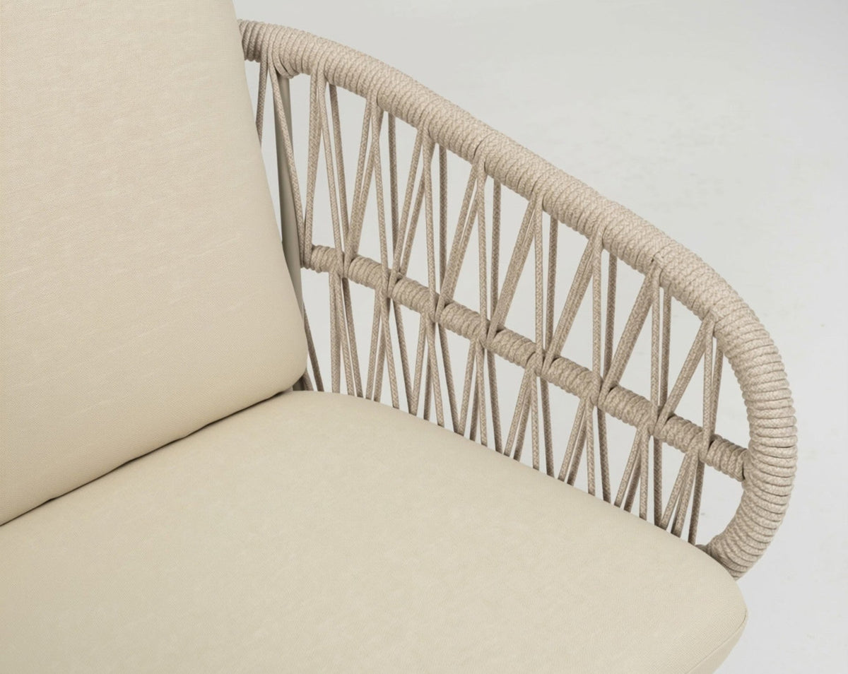 Serena Gartenstuhl Beige – Ansicht 5, drehbarer Outdoor-Stuhl mit Aluminiumgestell, Textilschnüren und Kissen