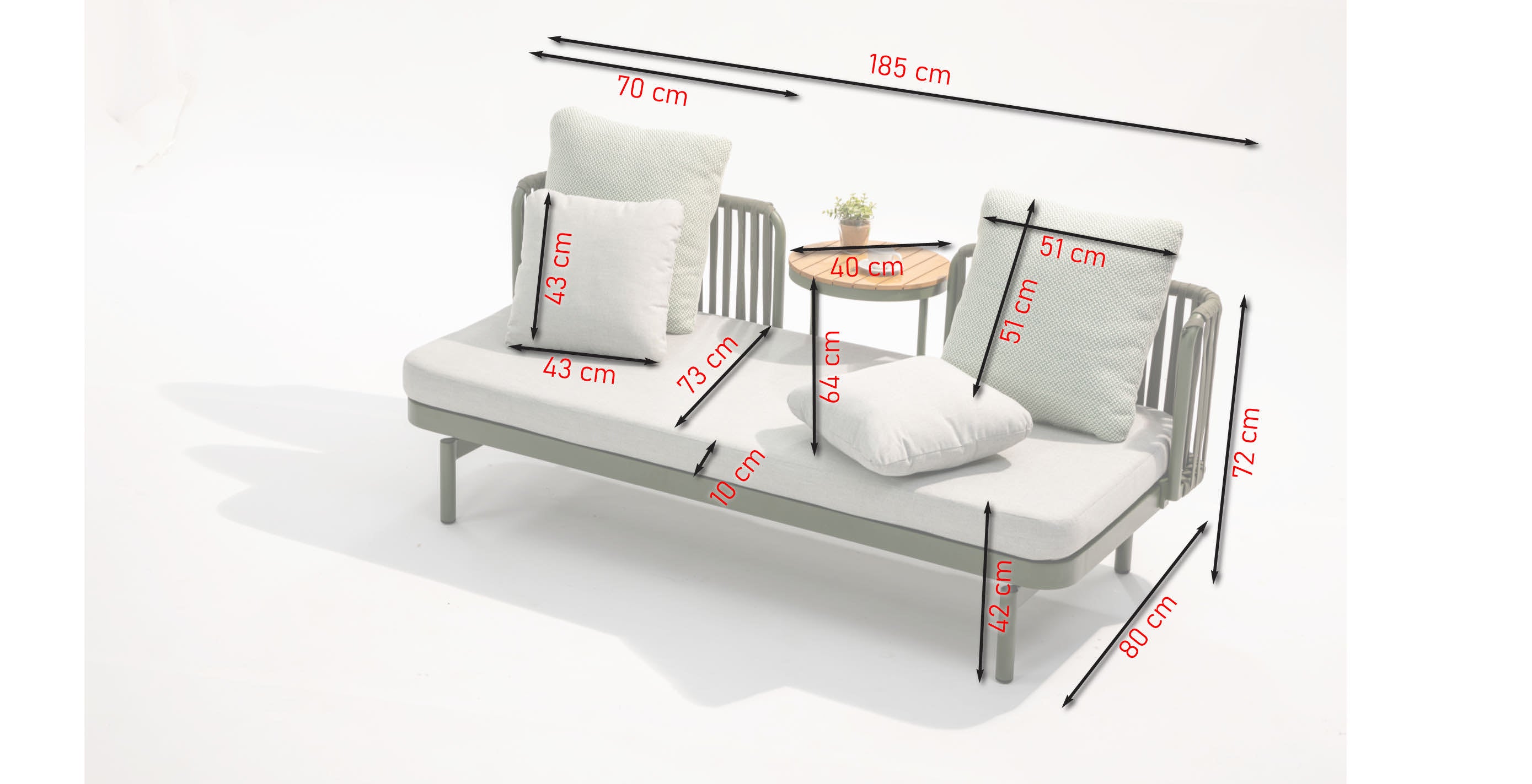 Shila Gartenbank mit olivgrünem Aluminiumgestell, Textilbändern und ansteckbarem Tischchen aus Akazienholz