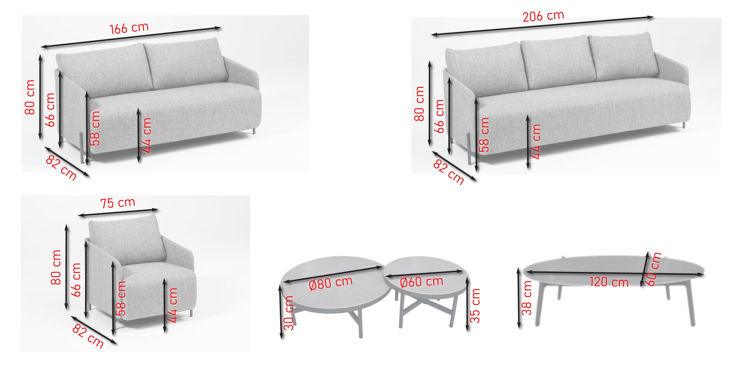 Modulare Loungeelemente Soraya aus Aluminium dunkelgrau mit hellgrauem Olifen-Outdoorstoff und Couchtischen mit Sinterstone-Tischplatte in Steingrau